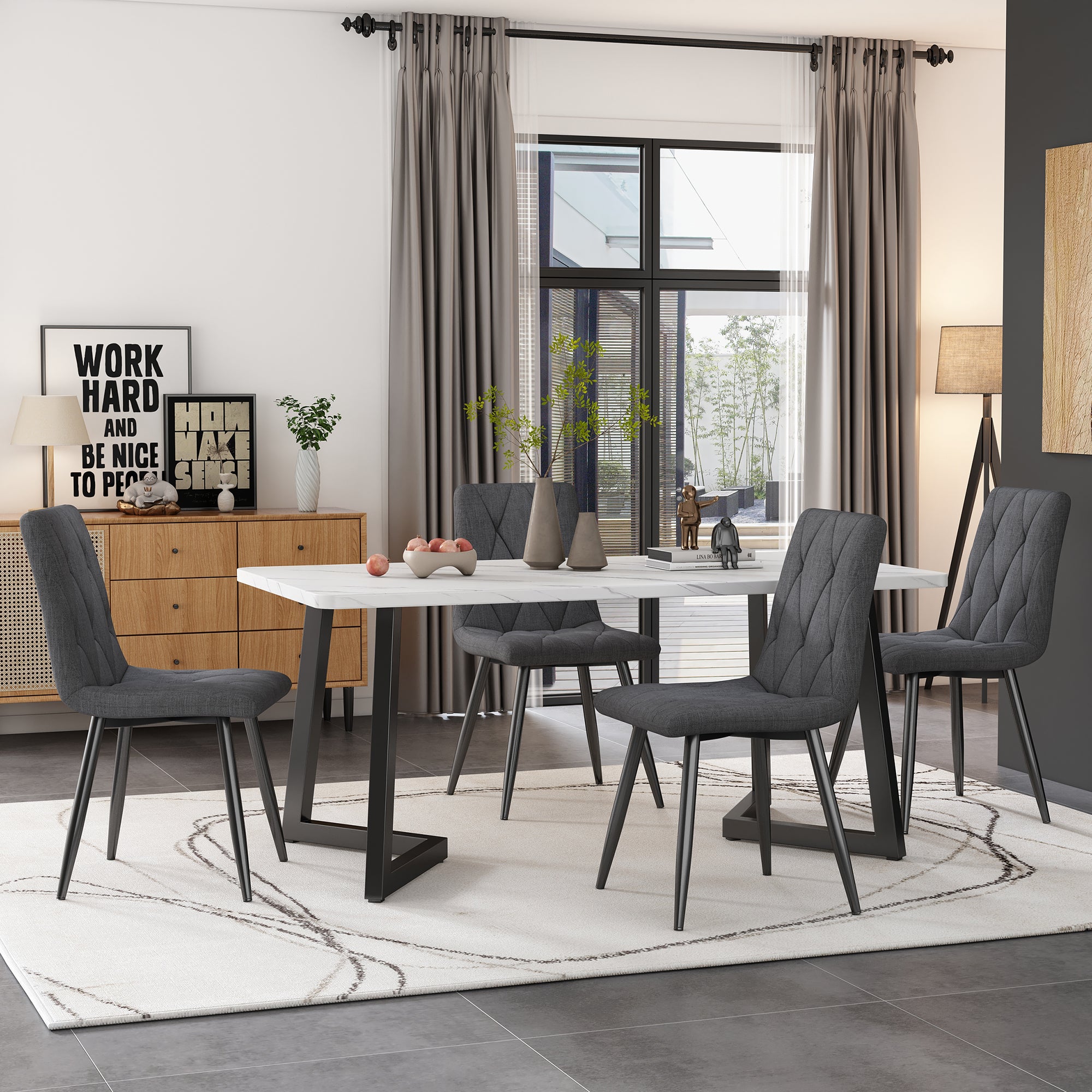Dining Chairs (4-pcs) Upholstered with Backrest, Twill Linen, Dark Grey