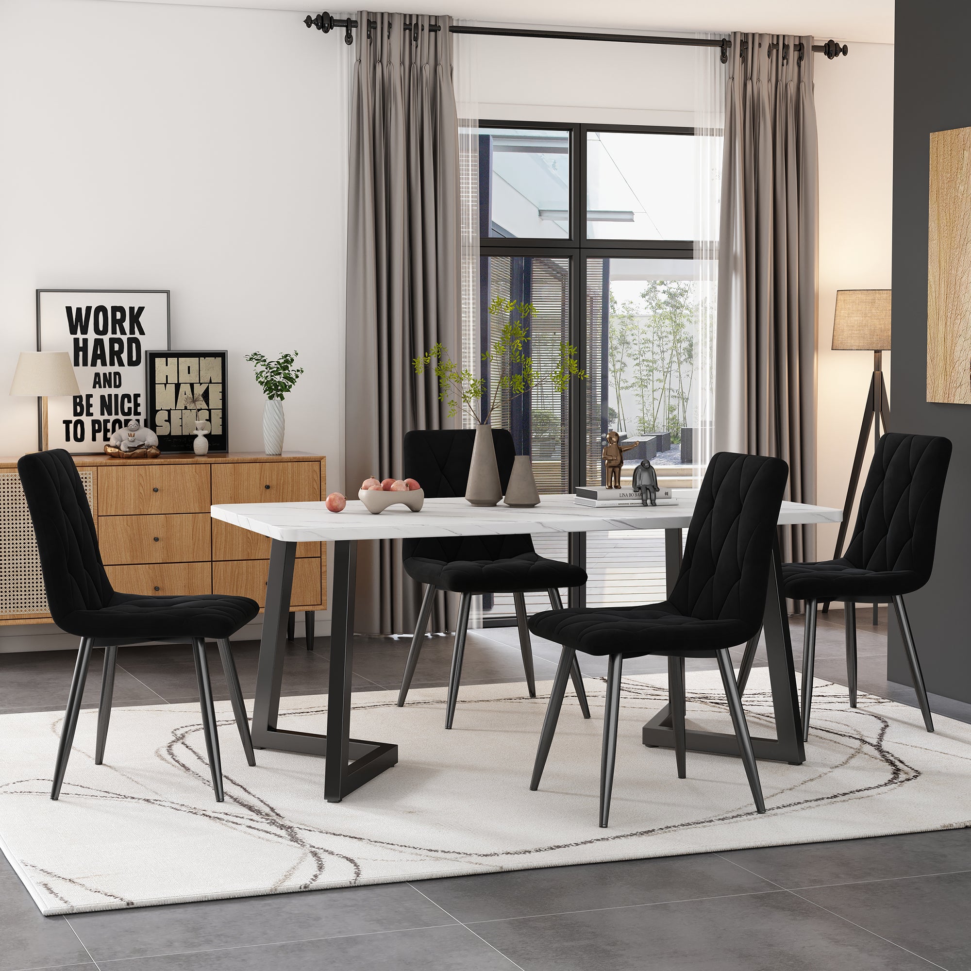 Dining Set, Rectangular Table & 4 Chairs 117x68cm Modern Kitchen, Black Twill Velvet/Black Legs
