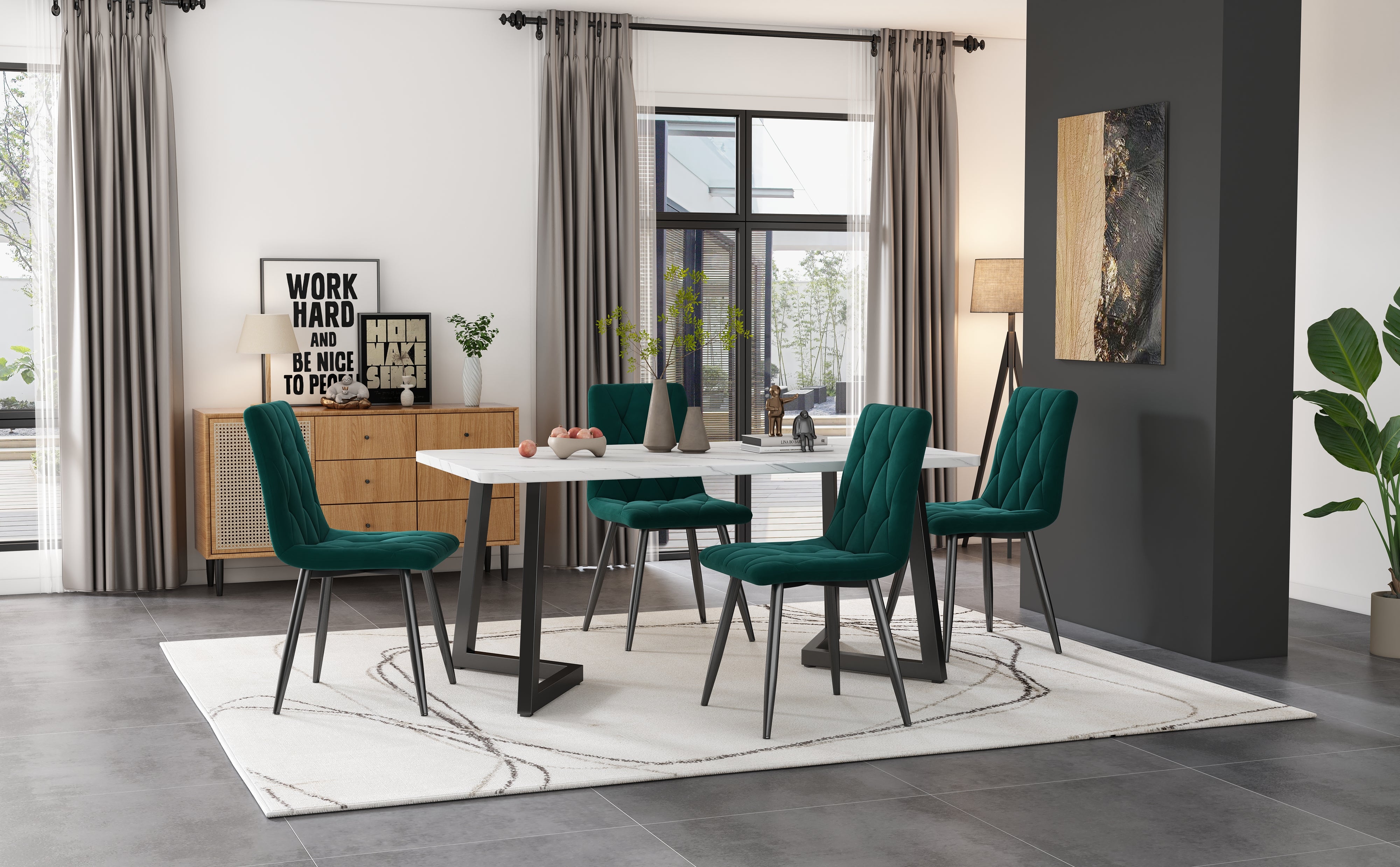Dining Set 117x68cm Rectangular 4 Chairs Modern Kitchen Dark Green Velvet/Black Legs