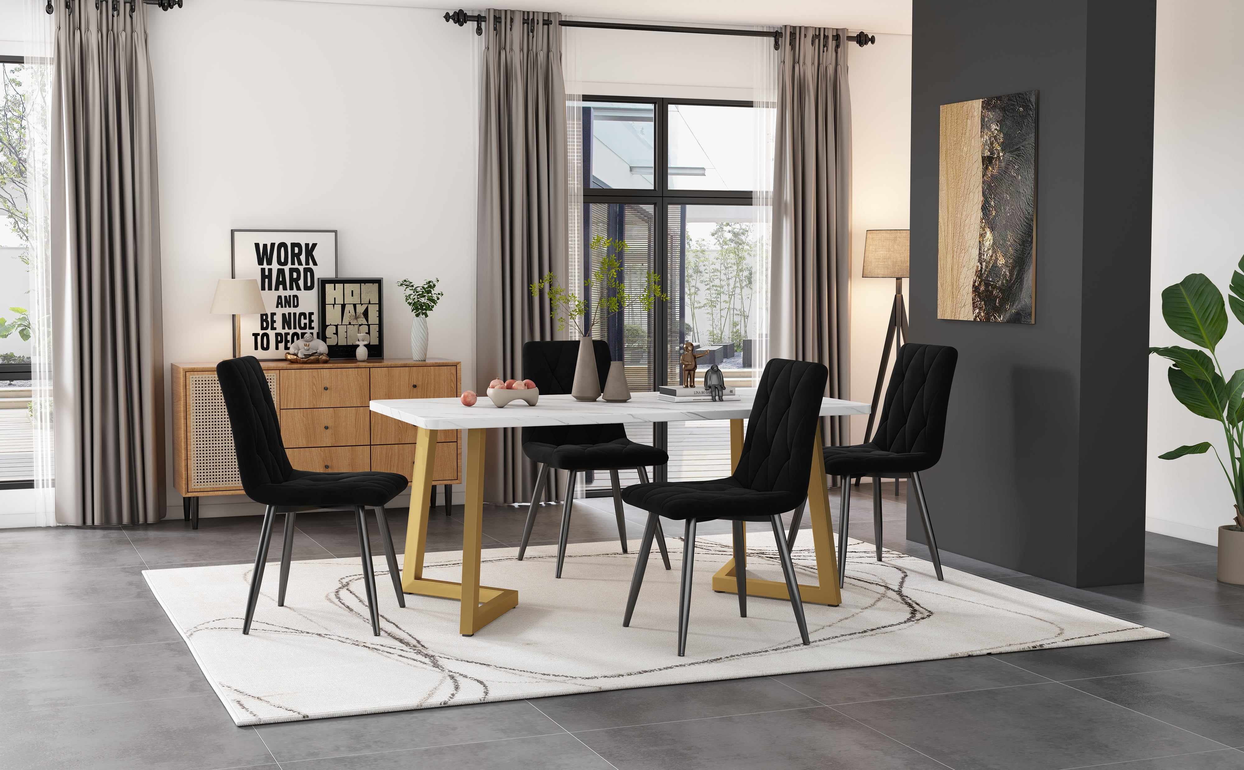 Dining Set 5-Piece Rectangular 117x68cm Black Twill Velvet/Gold Legs