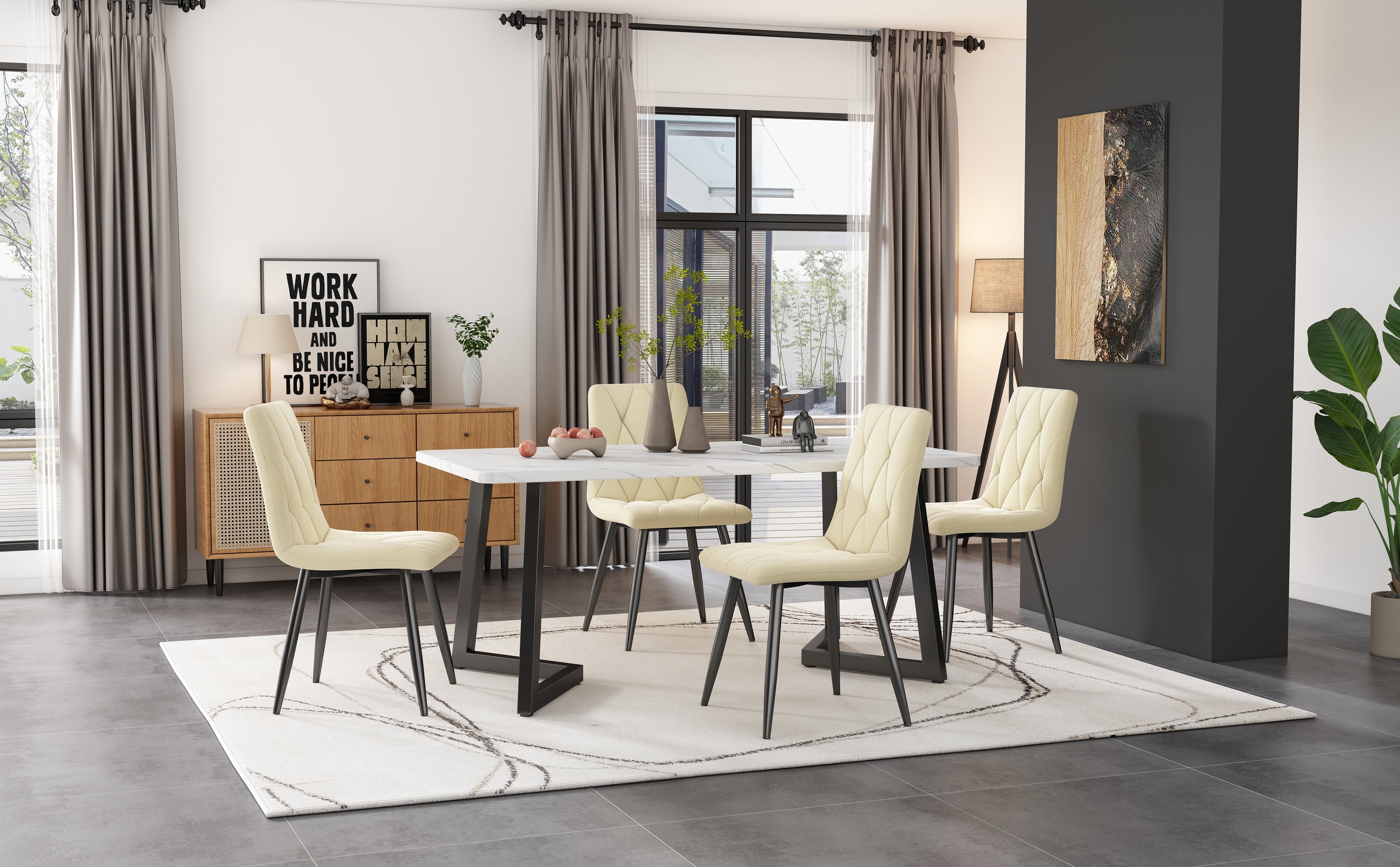 Dining Set 117x68cm Rectangular Table 4 Chairs - Beige Twill Velvet/Black Legs