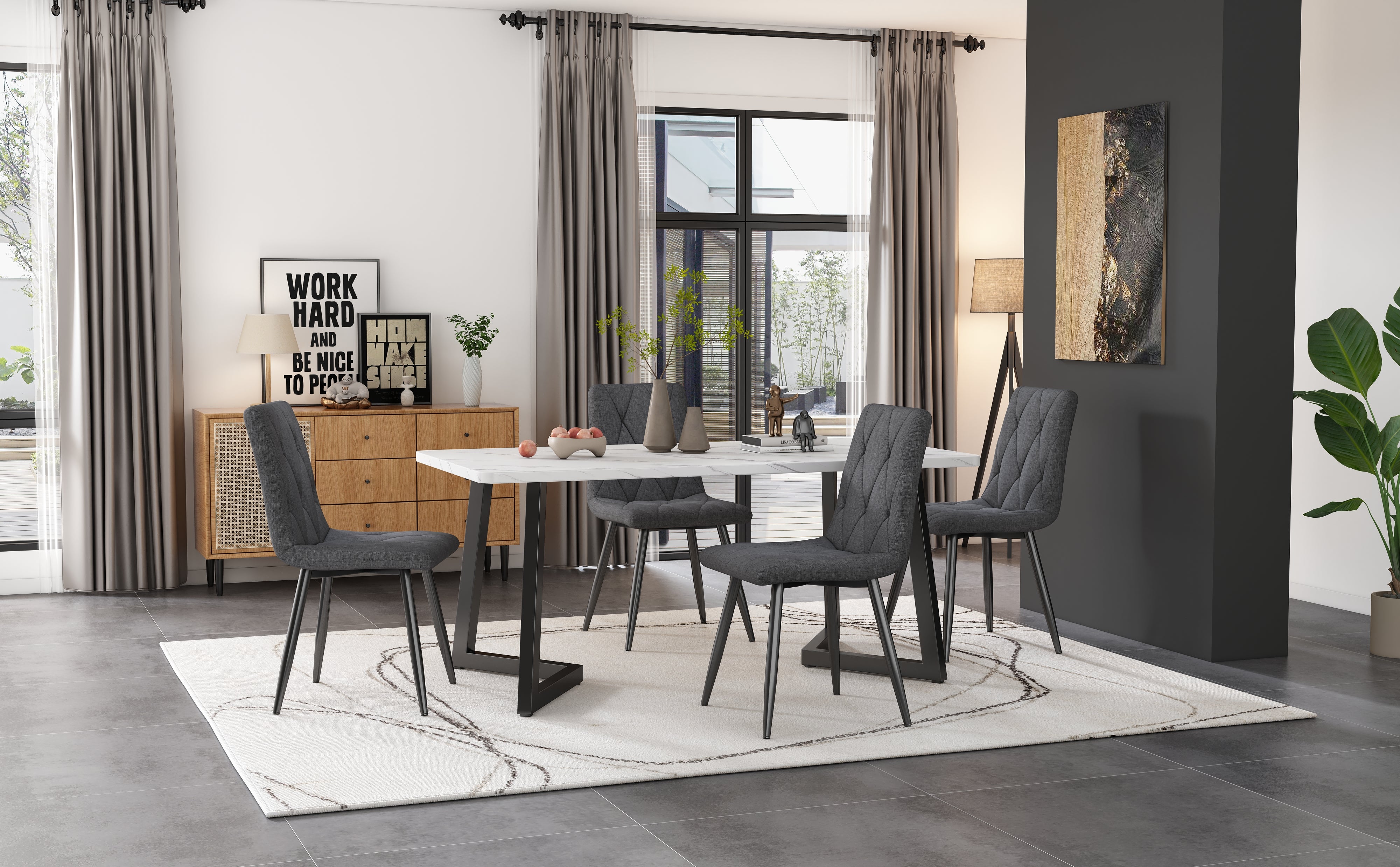 Dining Chairs (4-pcs) Upholstered with Backrest, Twill Linen, Dark Grey