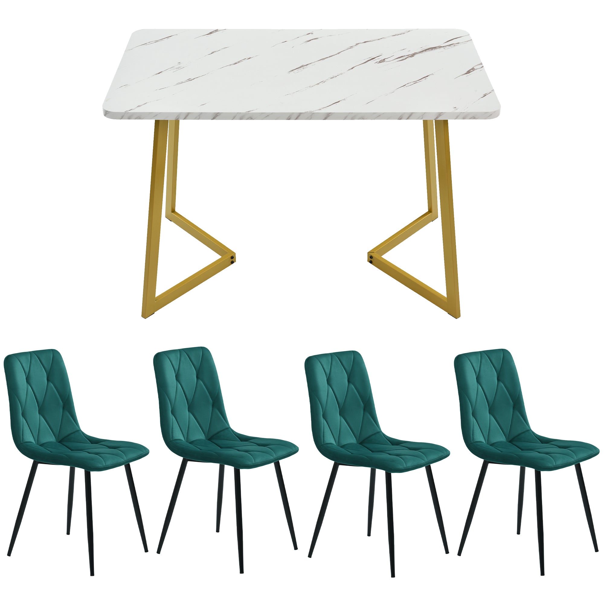 Dining Set, 117×68cm Rectangular Table with 4 Chairs, Dark Green Twill Velvet & Golden Legs