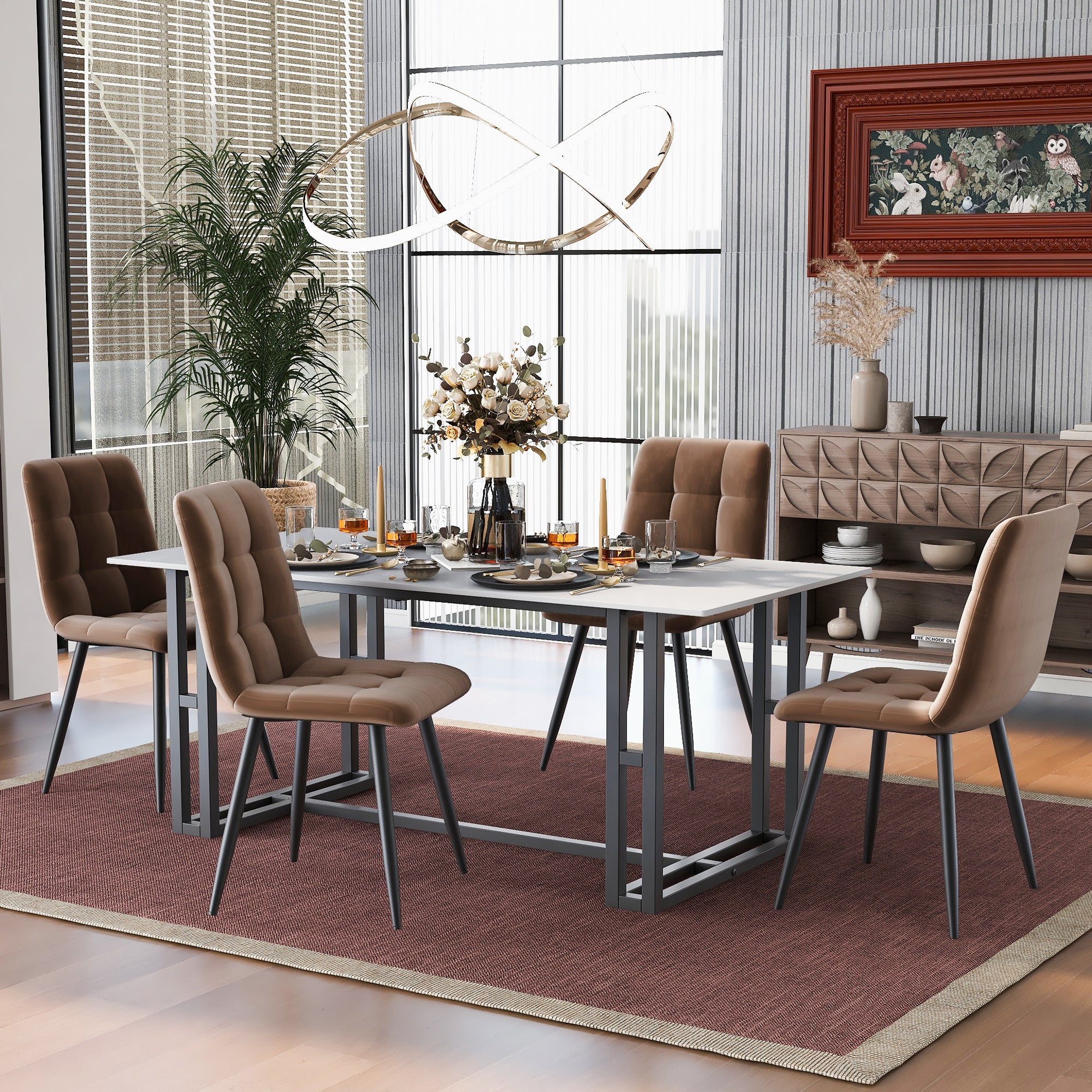 Dining Chair (Set of 4), Upholstered Design with Backrest, Brown Velvet and Metal