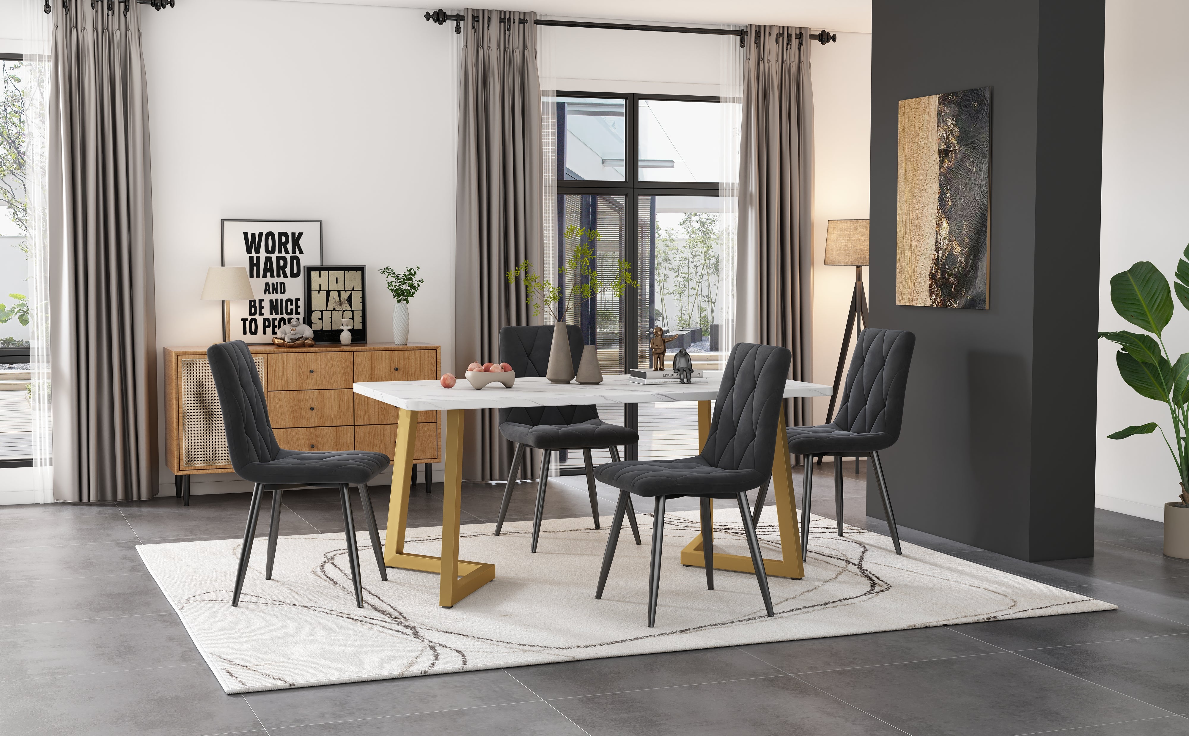 Dining Set 5-Piece Rectangular 117x68cm Table & 4 Chairs Dark Grey Velvet Gold