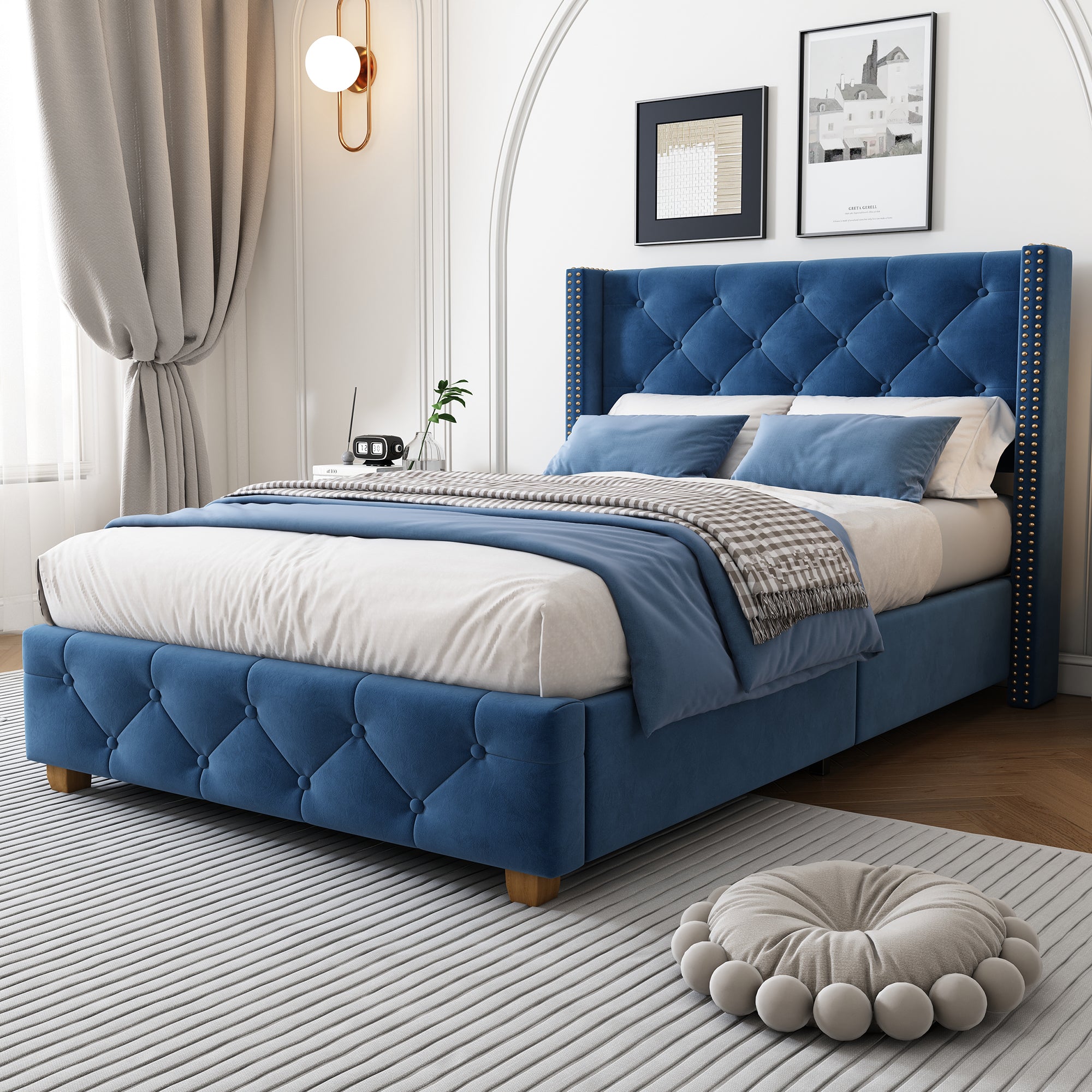 Upholstered Bed 90x200cm Slatted Frame Headboard Button Studded Upholstery Velvet Blue