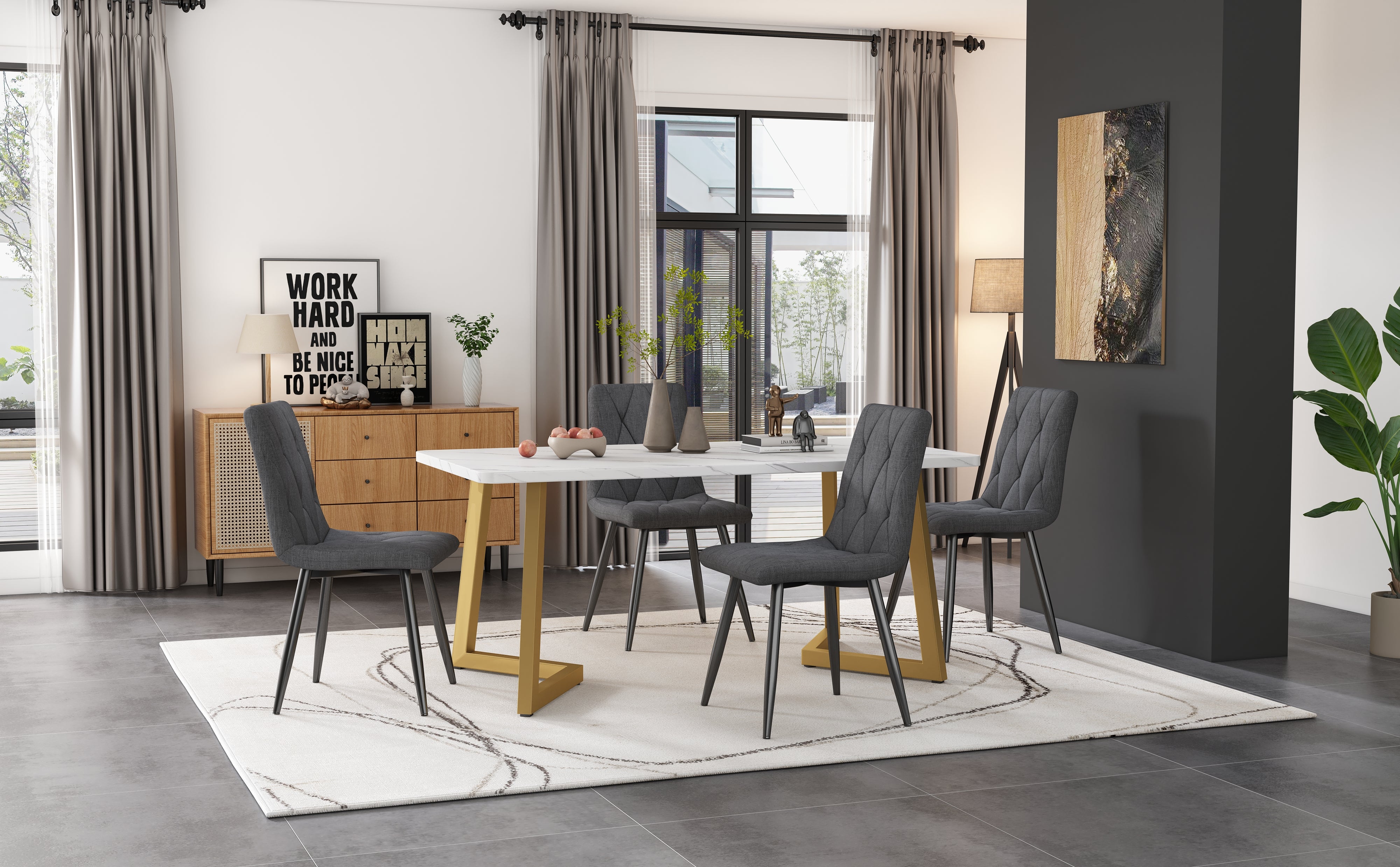 Dining Set, 117×68cm Table with 4 Chairs, Dark Gray Twill Linen Cloth & Golden Legs