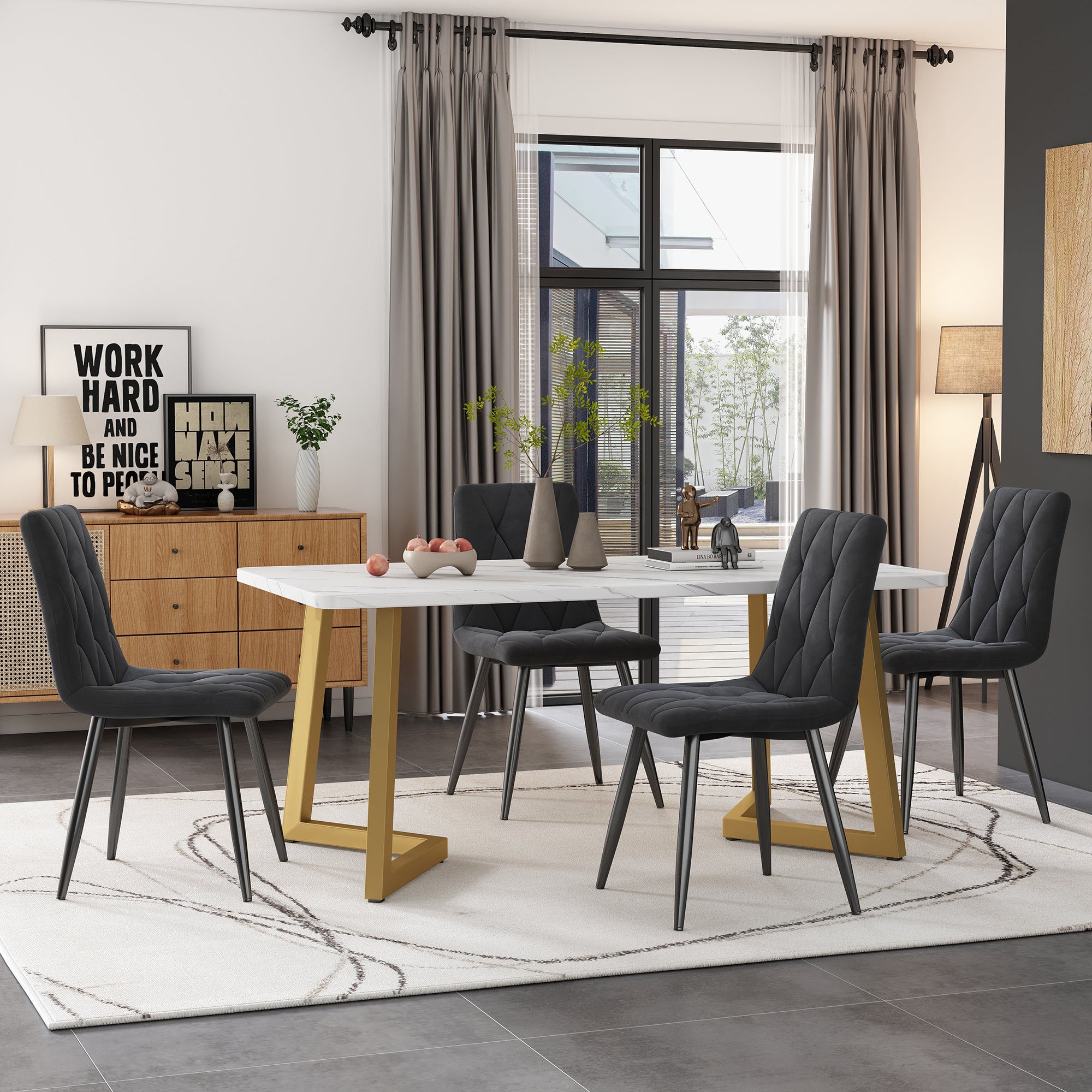 Dining Set 5-Piece Rectangular 117x68cm Table & 4 Chairs Dark Grey Velvet Gold