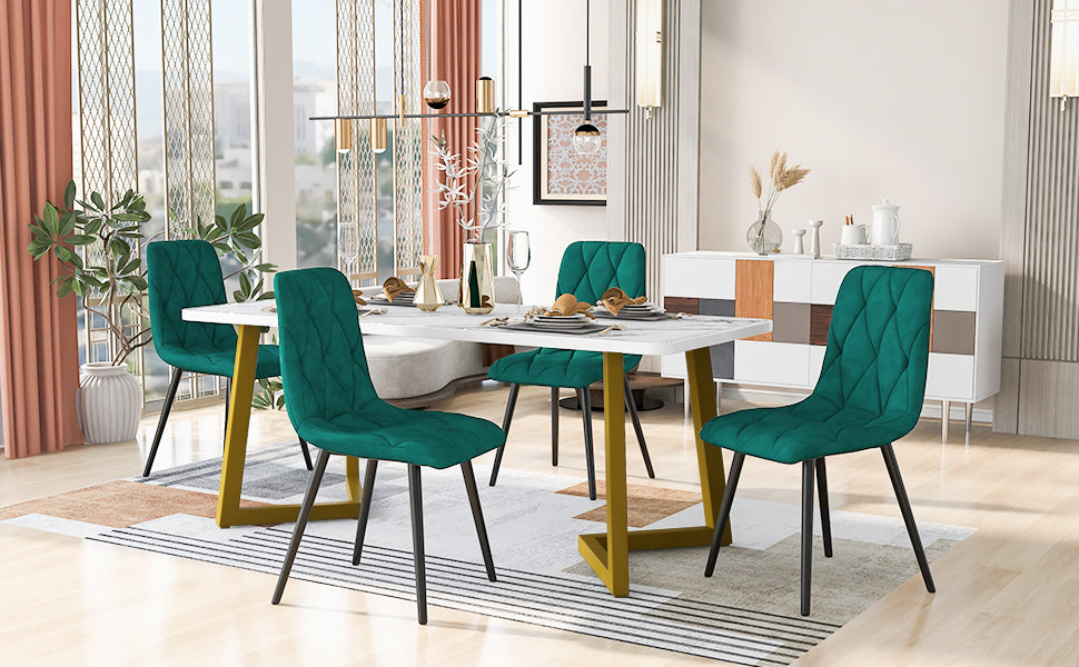 Dining Set, 117×68cm Rectangular Table with 4 Chairs, Dark Green Twill Velvet & Golden Legs