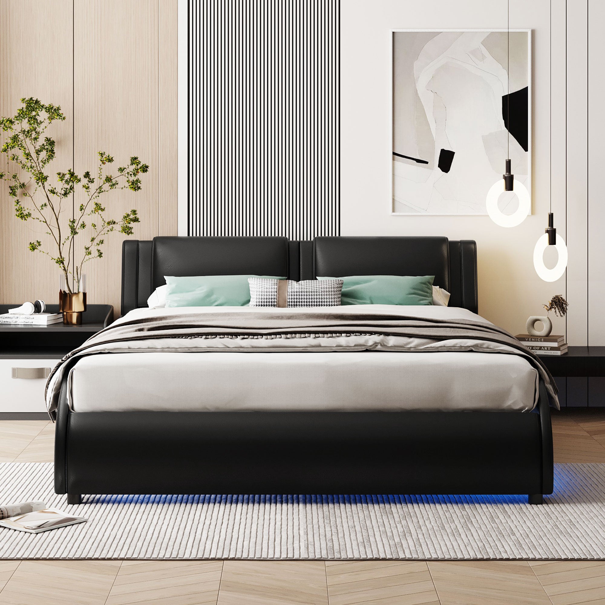 Upholstered Bed, 140x200cm, LED Light Faux Leather, Black
