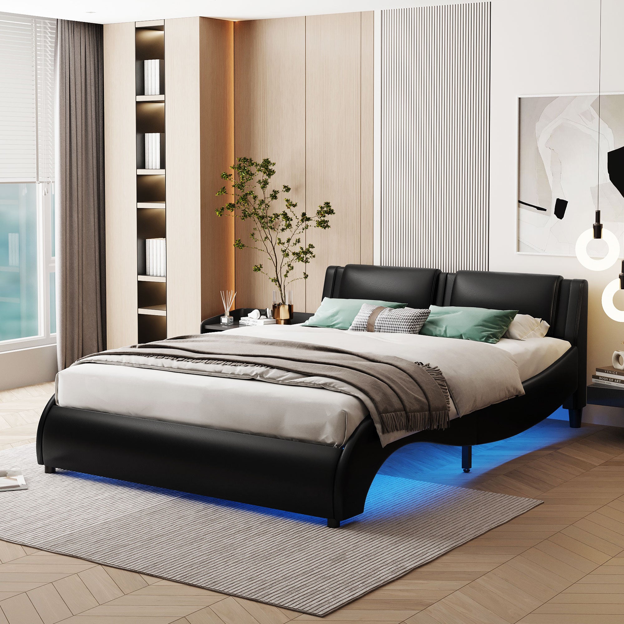 Upholstered Bed, 140x200cm, LED Light Faux Leather, Black