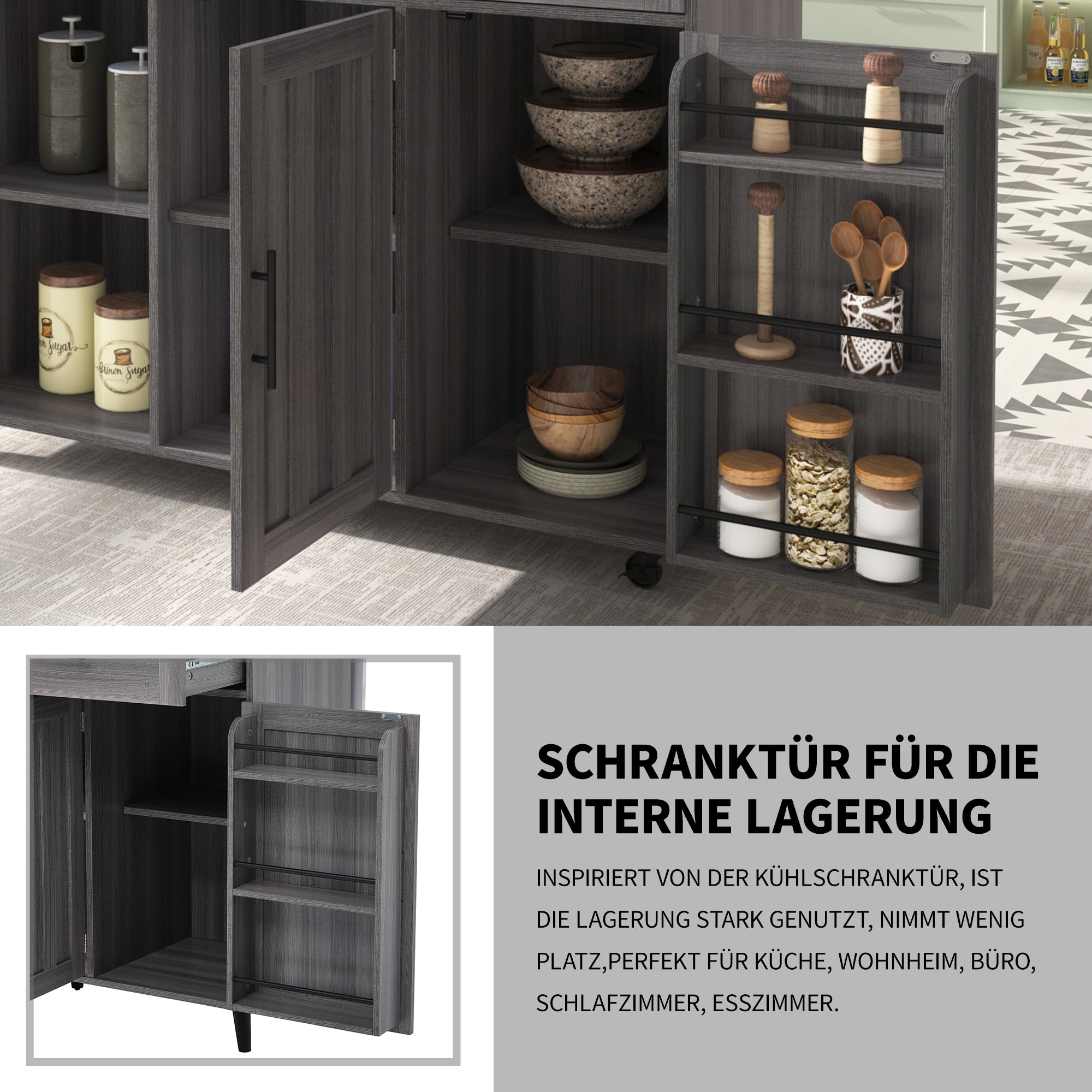 Dining Cart Sideboard Extendable White Marble Top Storage Wheels - Khaki Gray Wood Grain