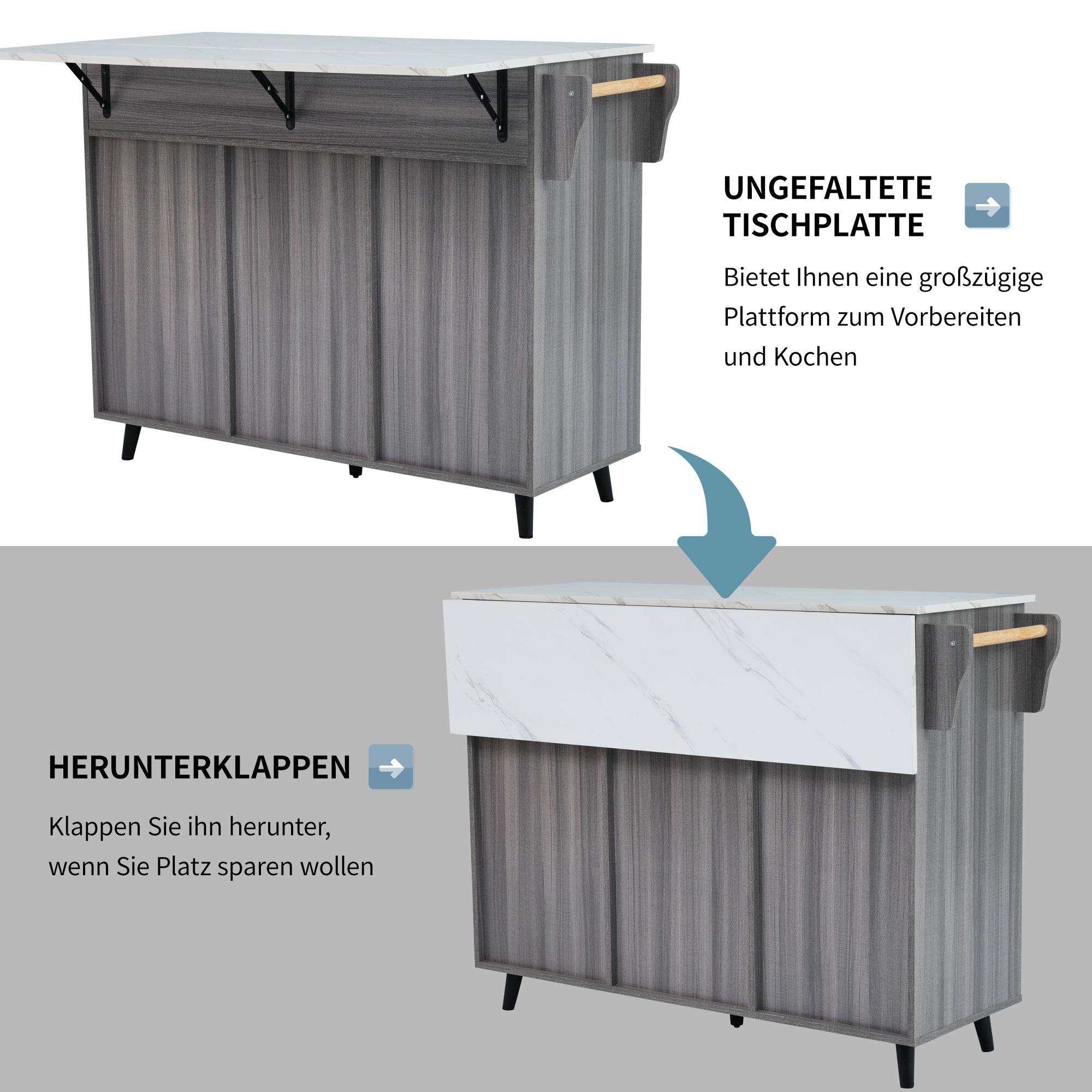 Dining Cart Sideboard Extendable White Marble Top Storage Wheels - Khaki Gray Wood Grain