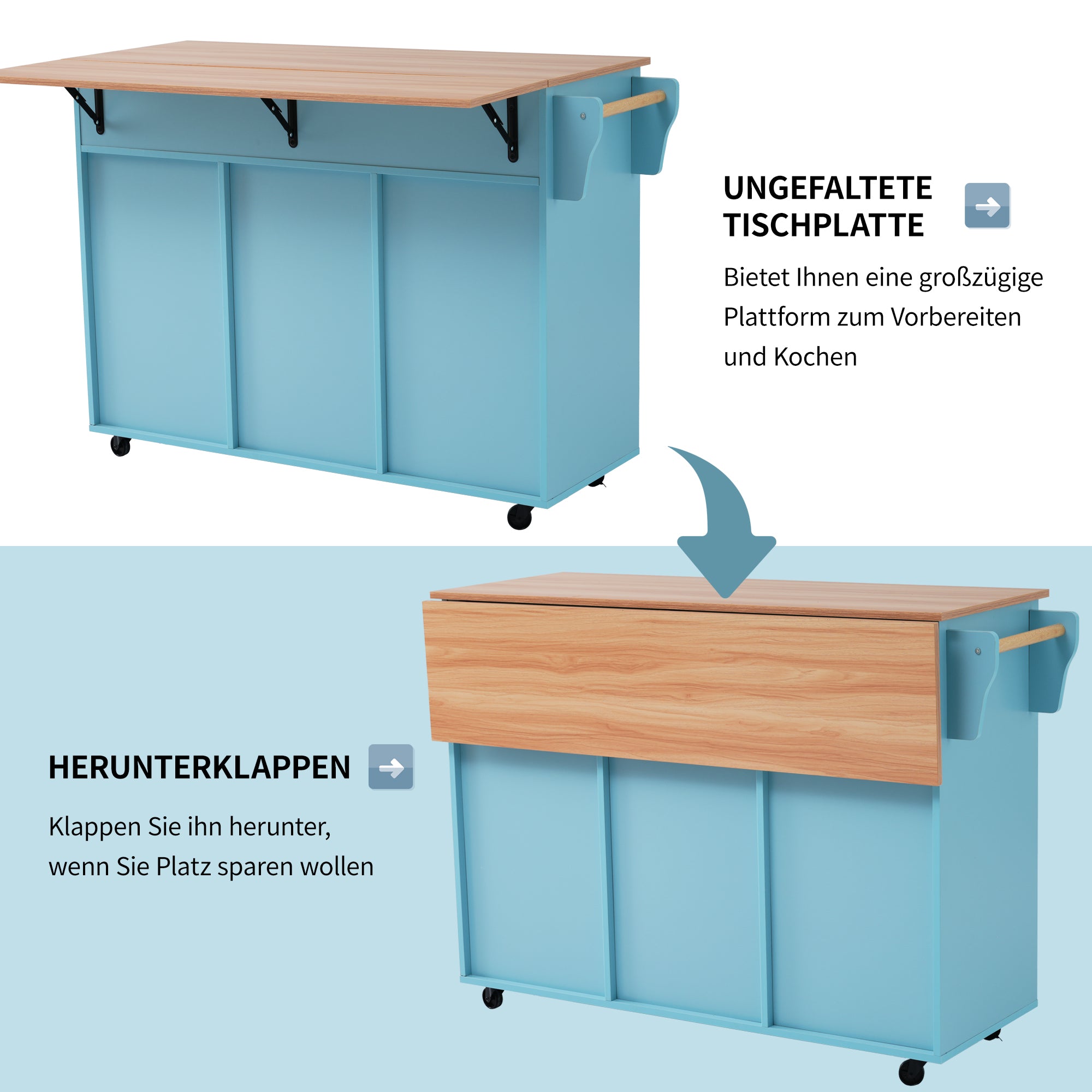 Dining Cart Sideboard Extendable Folding Worktop Storage Wheels - Blue/Wood Grain