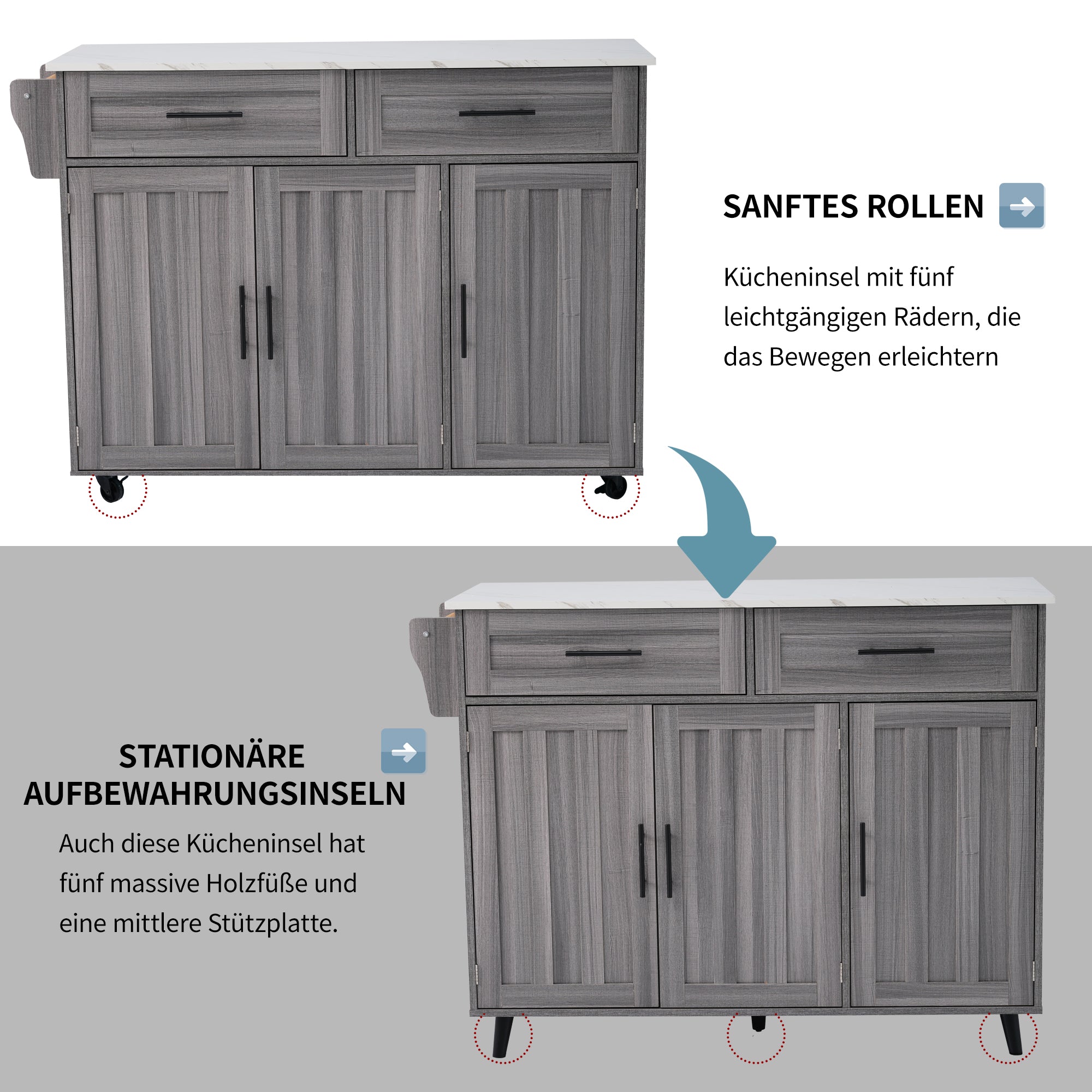 Dining Cart Kitchen Island Folding Table 5 Wheels Storage 2 Drawers - White/Khaki Grey