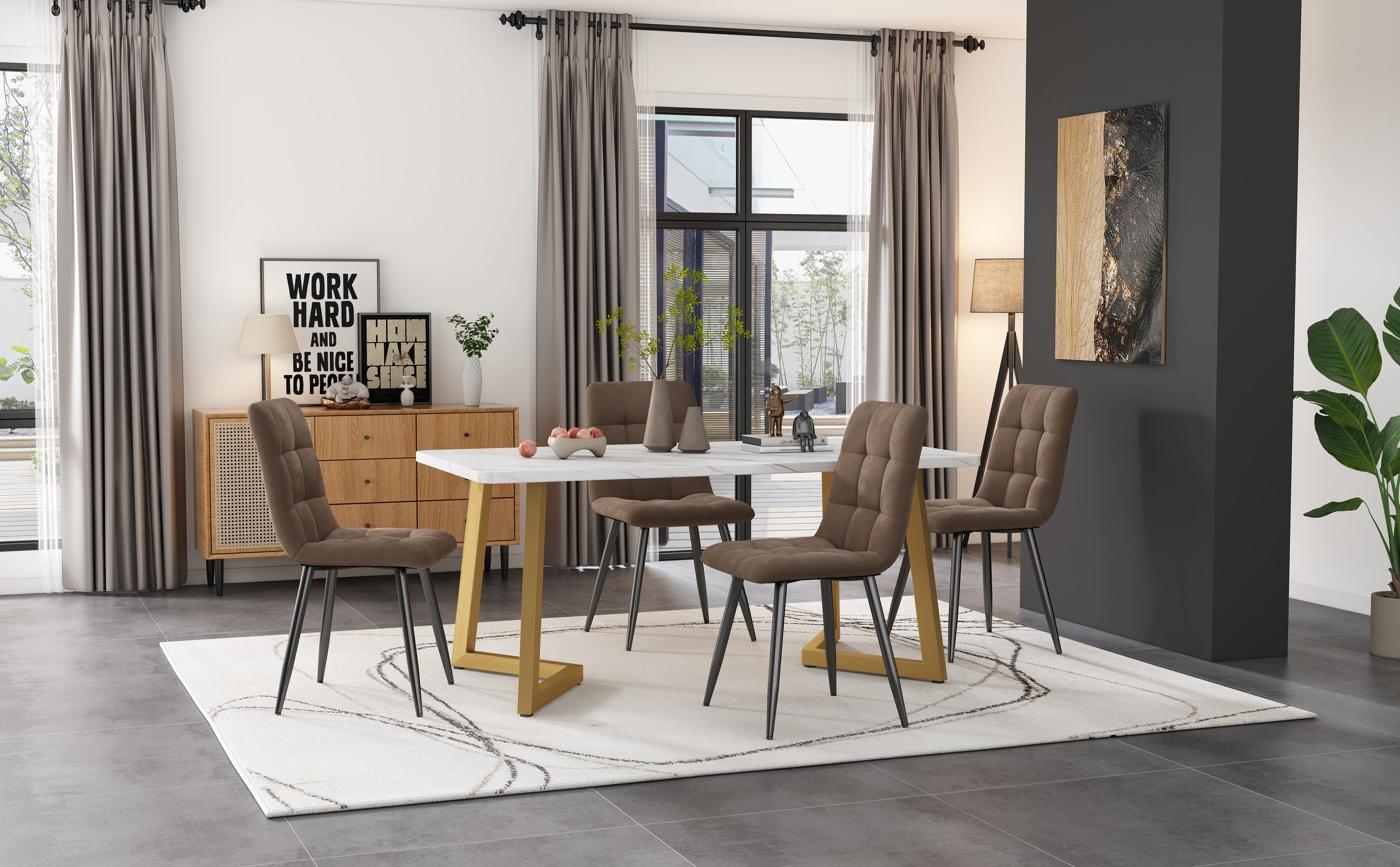 Dining Set, 117x68cm with 4 Chairs, Brown Velvet & Golden Legs