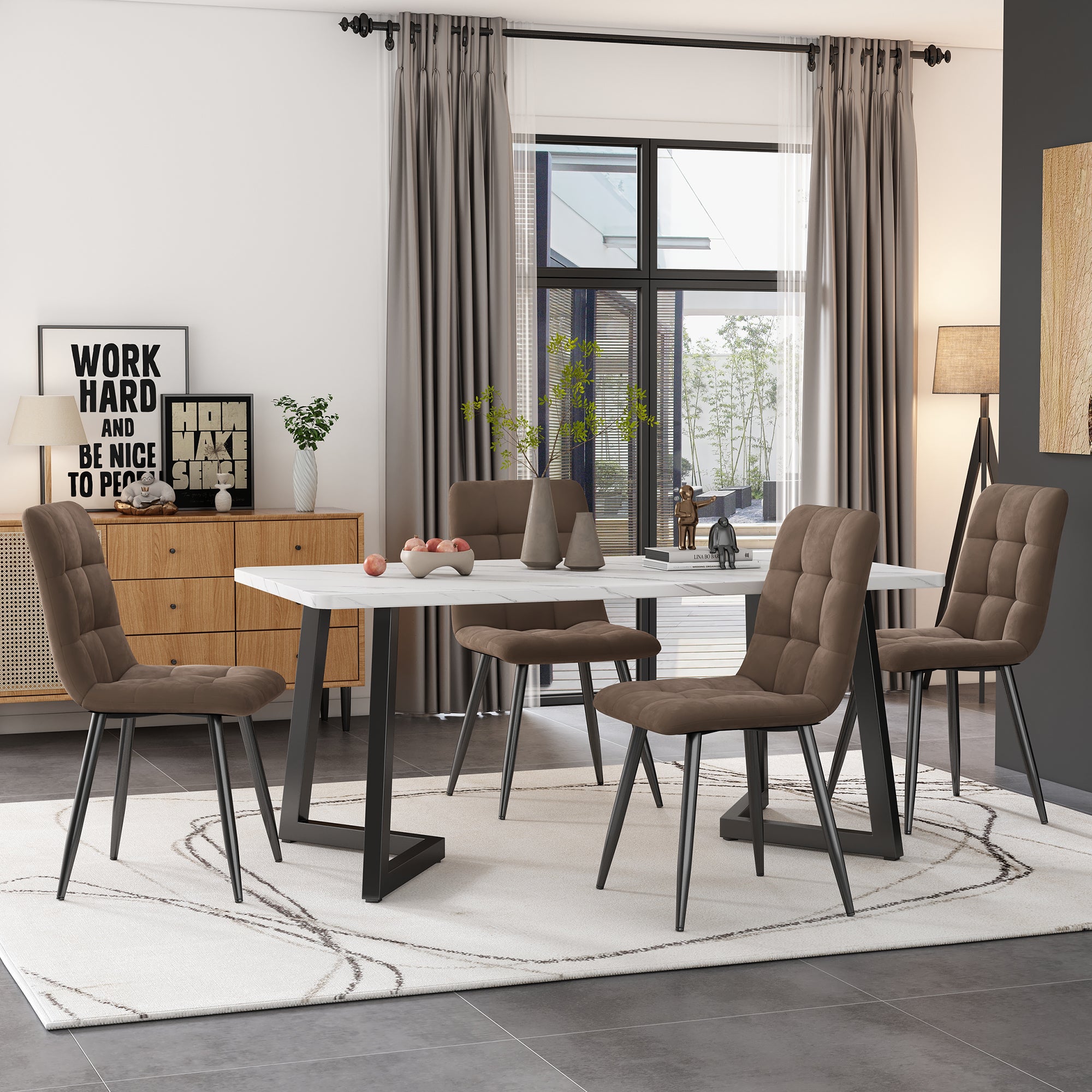 Dining Set 5-Piece Rectangular 117x68cm Table 4 Chairs Brown Velvet Black Legs