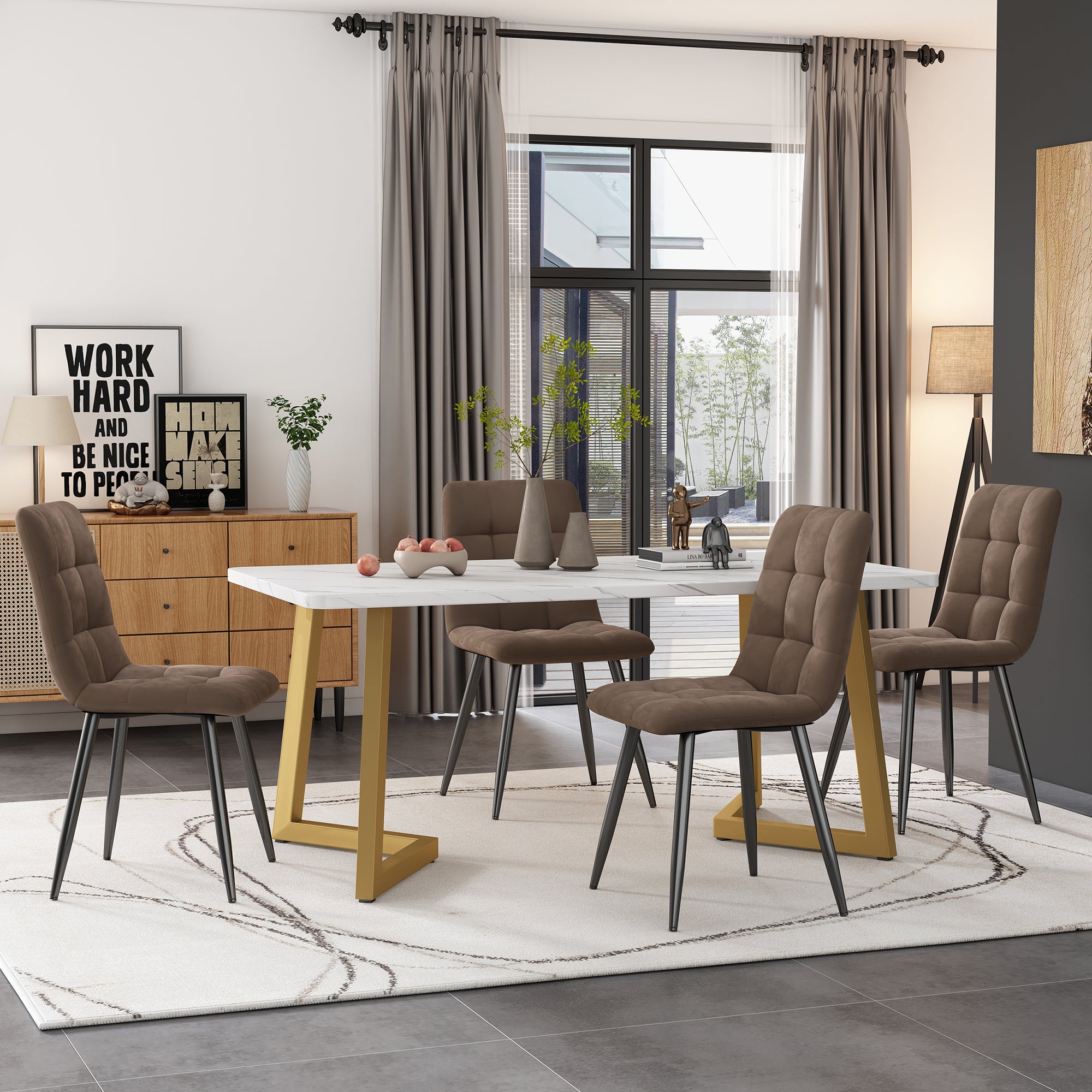Dining Set 5-Piece Rectangular Modern Kitchen Table 4 Chairs Brown Velvet Gold Legs