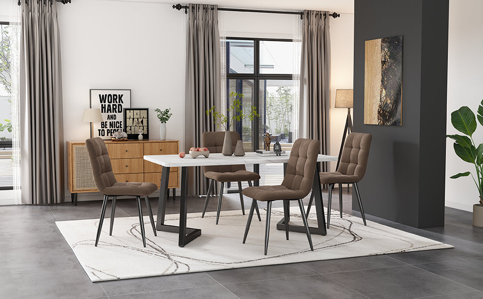 Dining Set 5-Piece Rectangular 117x68cm Table 4 Chairs Brown Velvet Black Legs