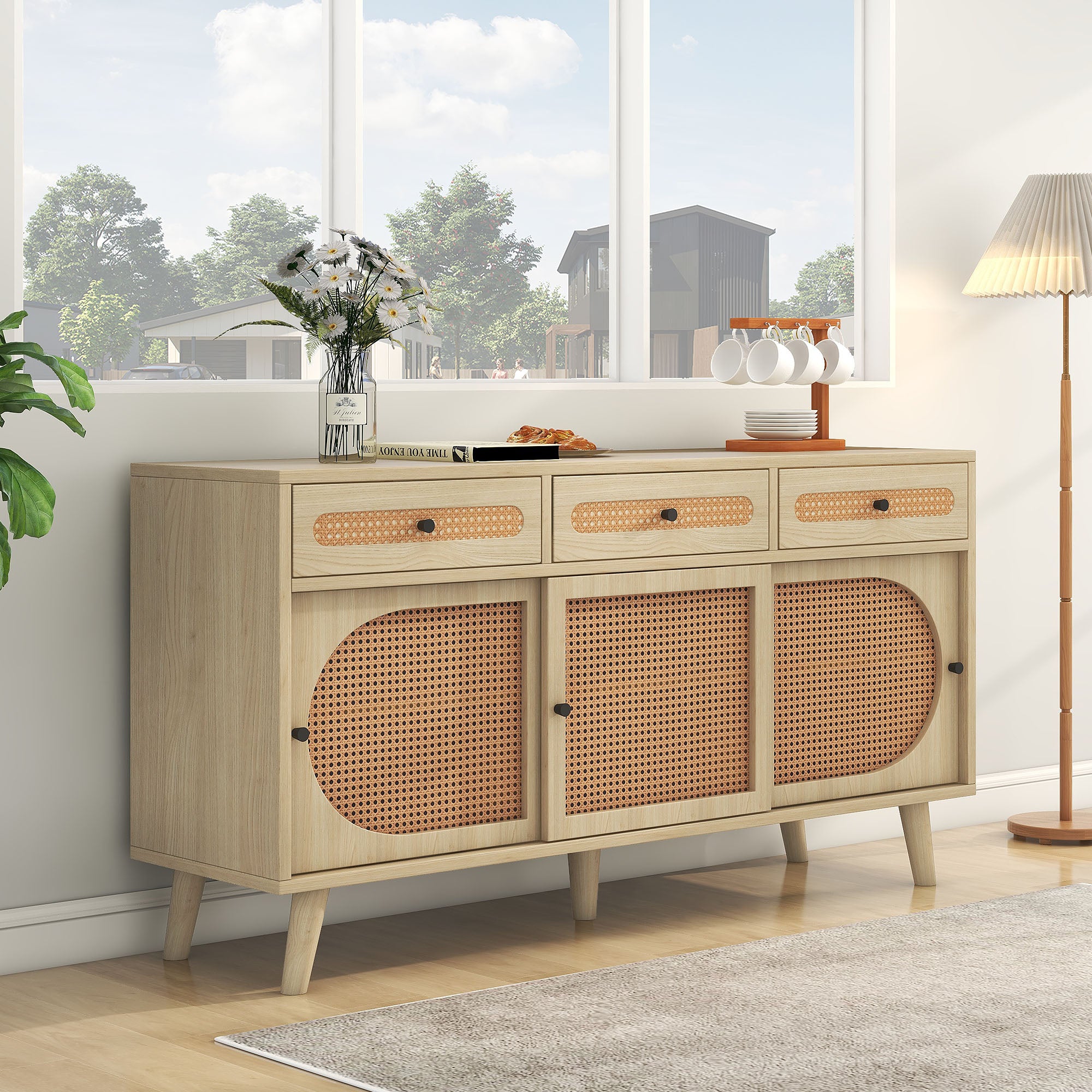 Sideboard, 140cm PE Rattan Door, 3 Drawers, Wooden