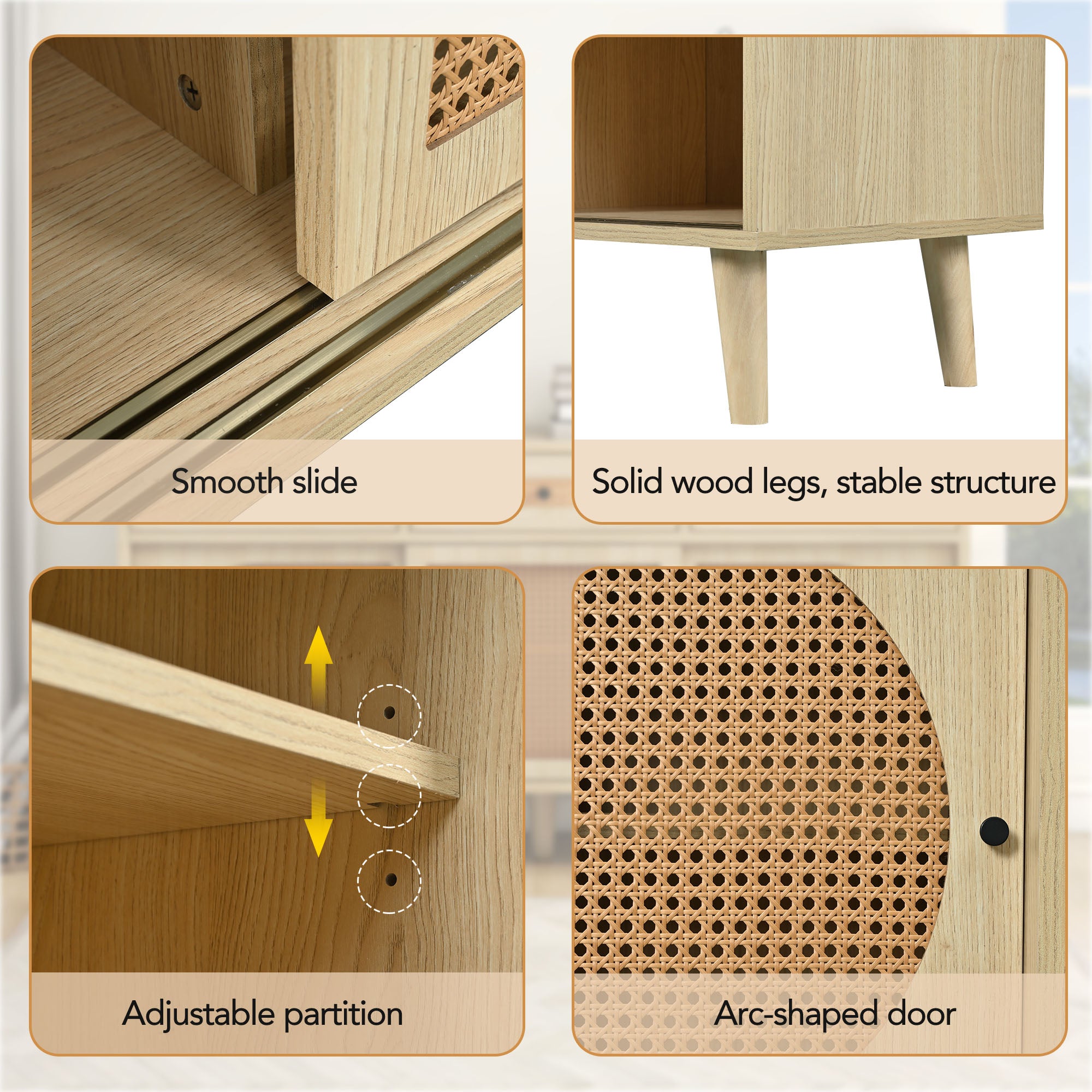 Sideboard, 140cm PE Rattan Door, 3 Drawers, Wooden