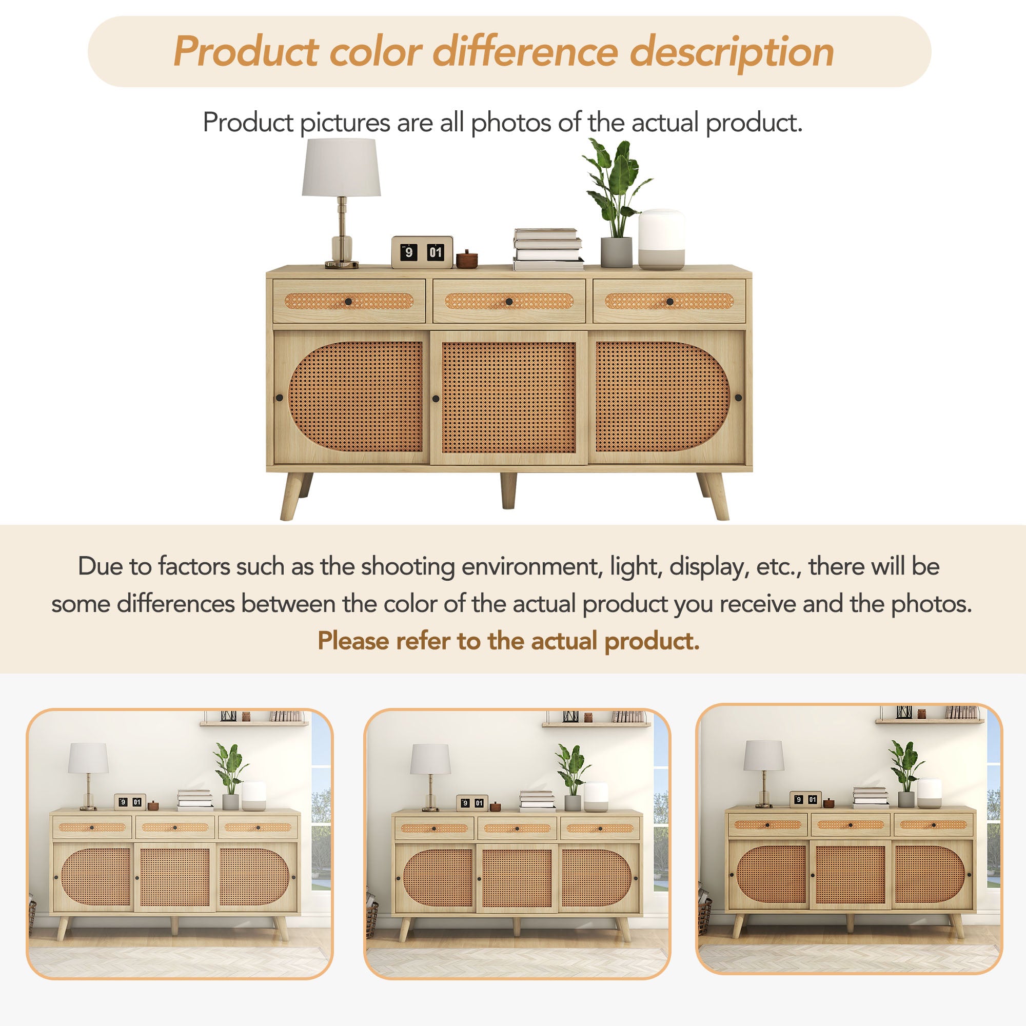 Sideboard, 140cm PE Rattan Door, 3 Drawers, Wooden