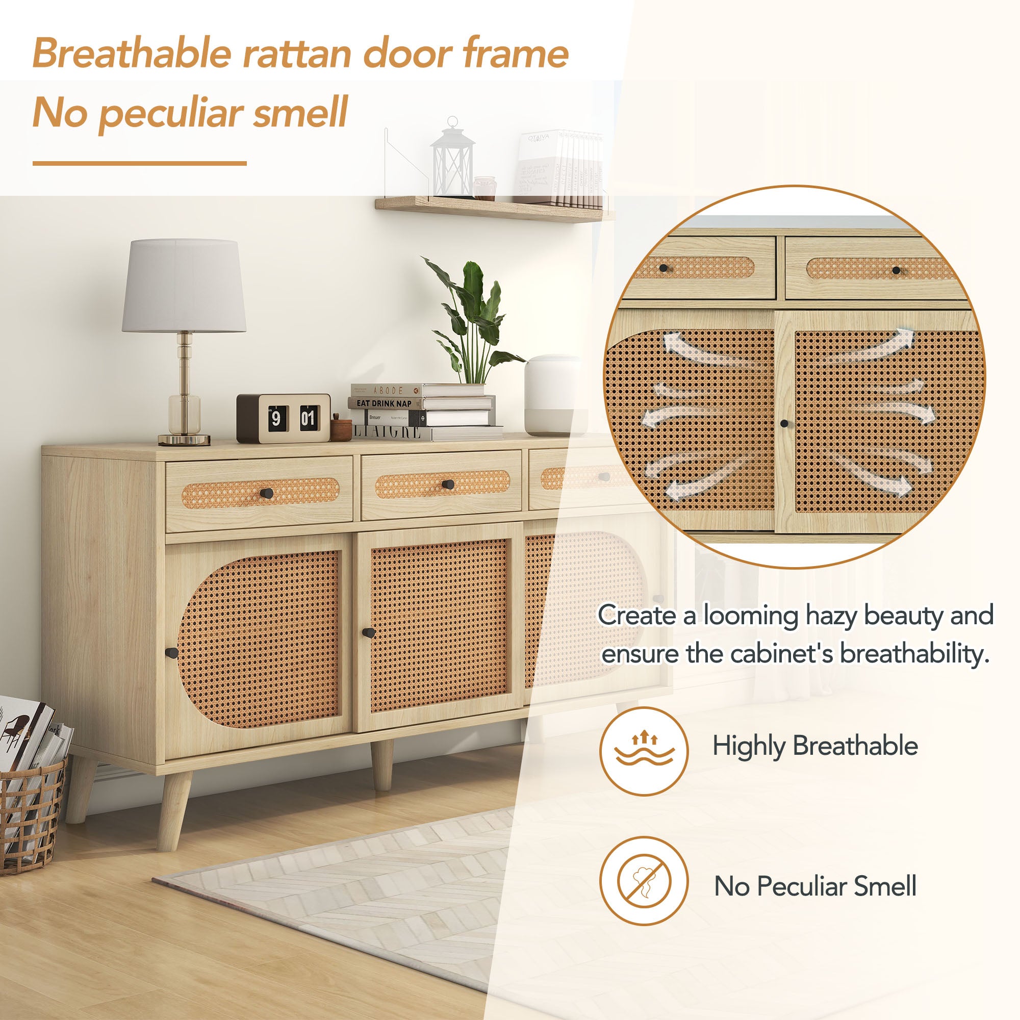 Sideboard, 140cm PE Rattan Door, 3 Drawers, Wooden