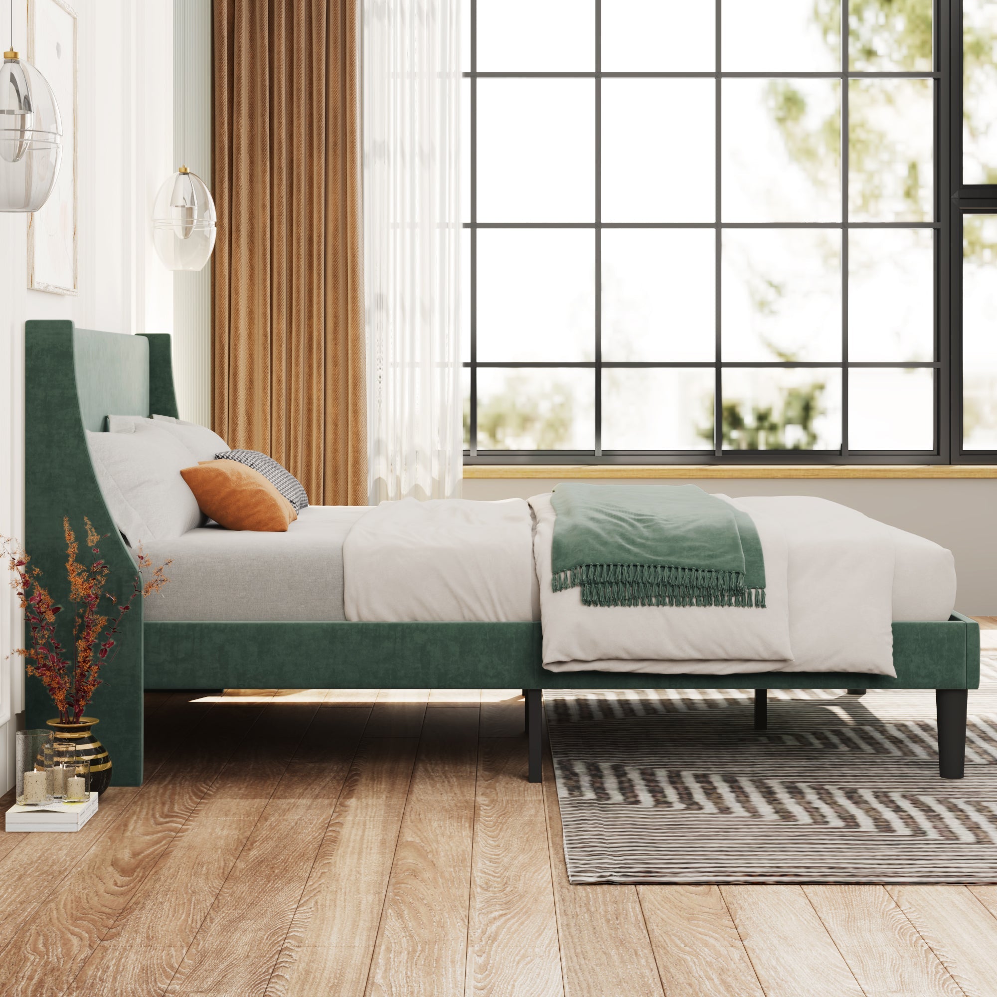 Double Bed with Winged Headboard, Dark Green Velvet, Wood Slat Support