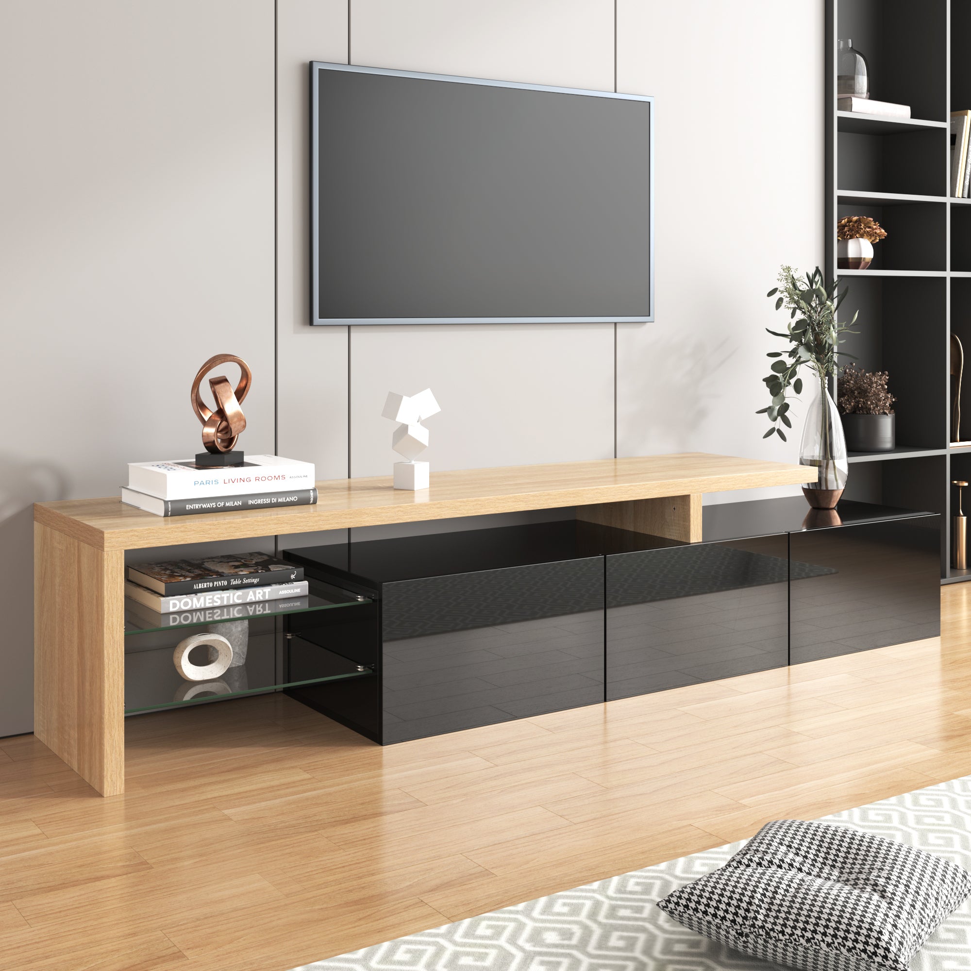 TV Cabinet, Modern Design with Storage, Glass Shelves, High-Gloss Black Wood