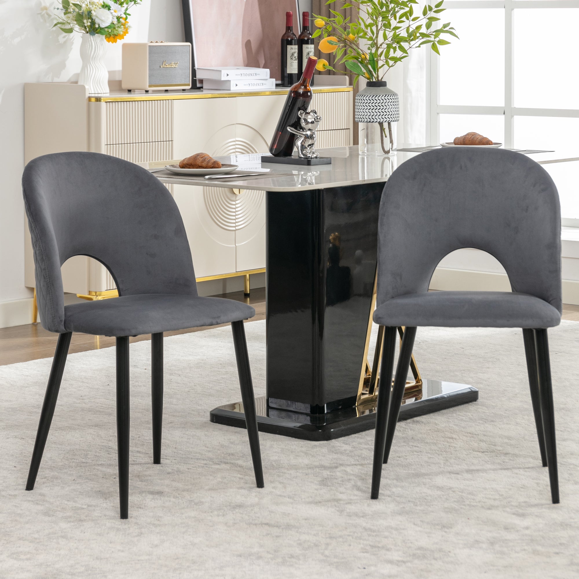 Dining Room Chair, Upholstered Design with Diamond Pattern, Gray Velvet