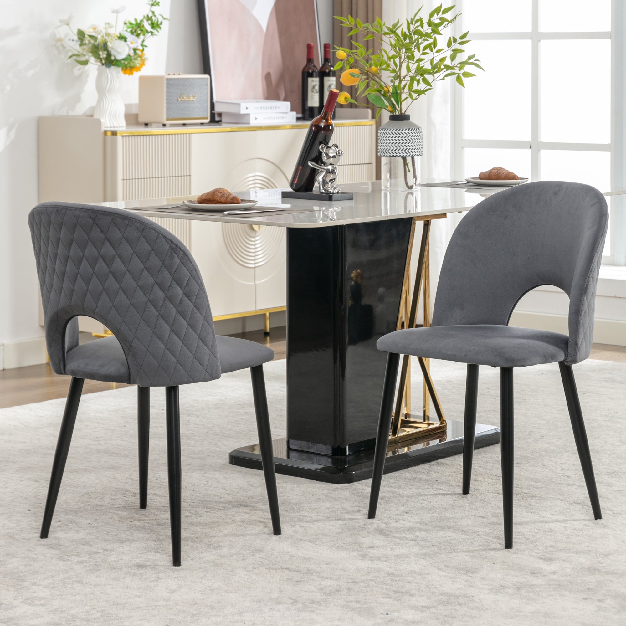 Dining Room Chair, Upholstered Design with Diamond Pattern, Gray Velvet