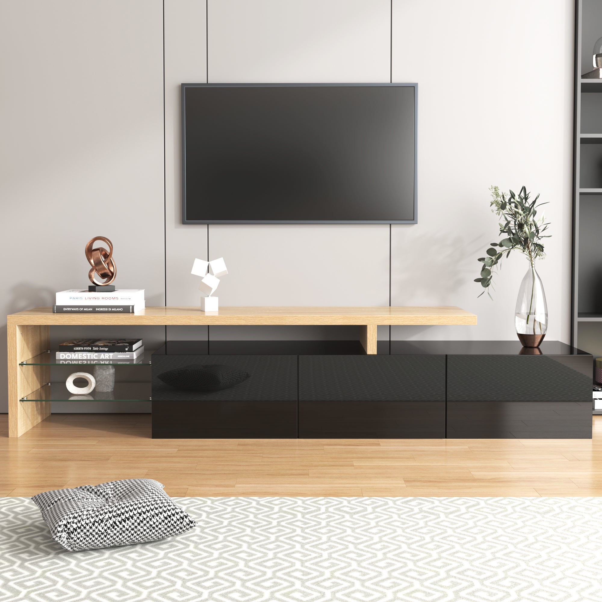 TV Cabinet, Modern Design with Storage, Glass Shelves, High-Gloss Black Wood