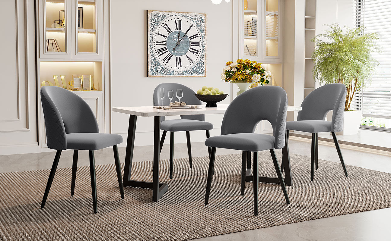 Dining Set (117x68cm Table & 4 Chairs), Rectangular Modern Kitchen Table, Velvet Diamond Pattern Chairs, Grey Velvet/Black Legs