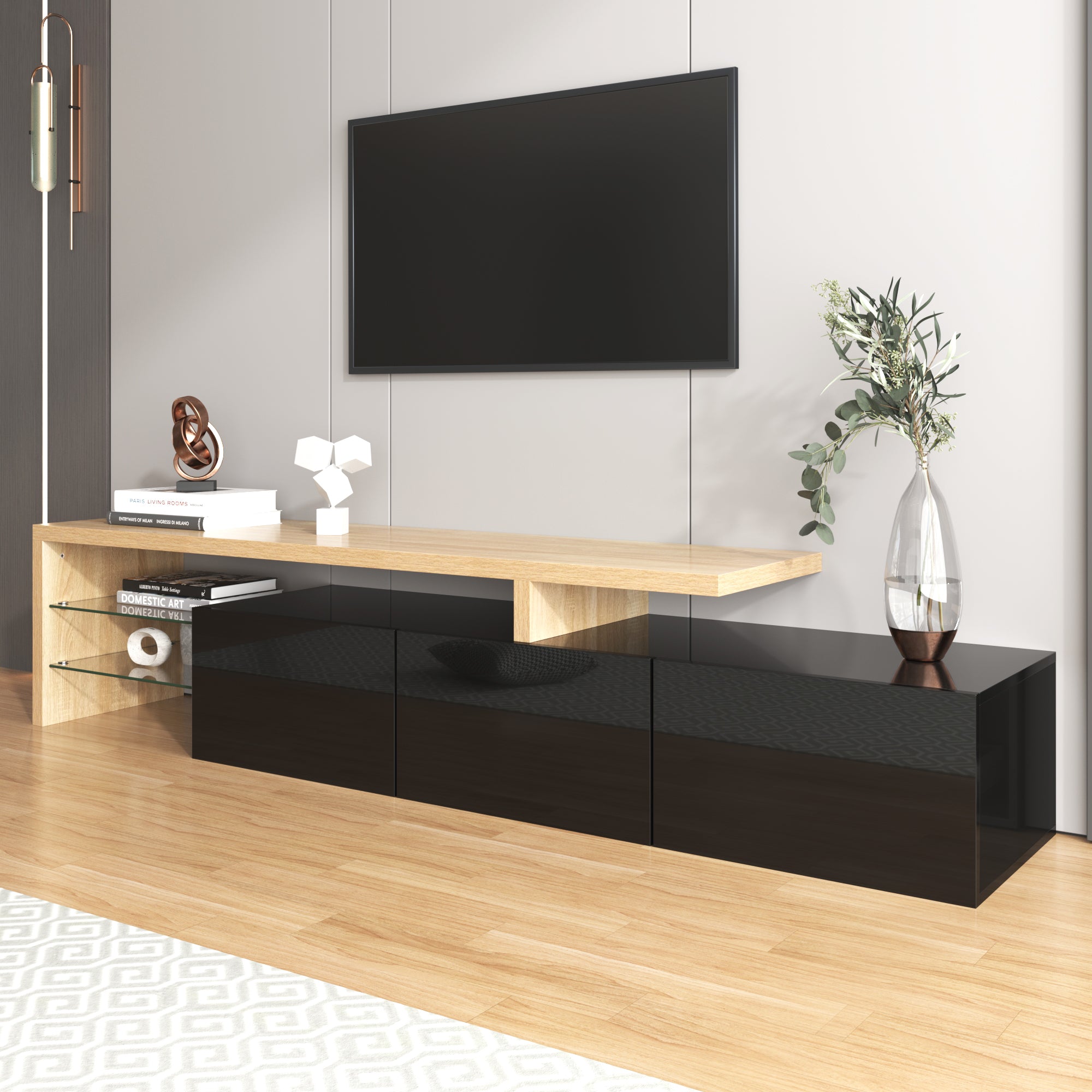 TV Cabinet, Modern Design with Storage, Glass Shelves, High-Gloss Black Wood