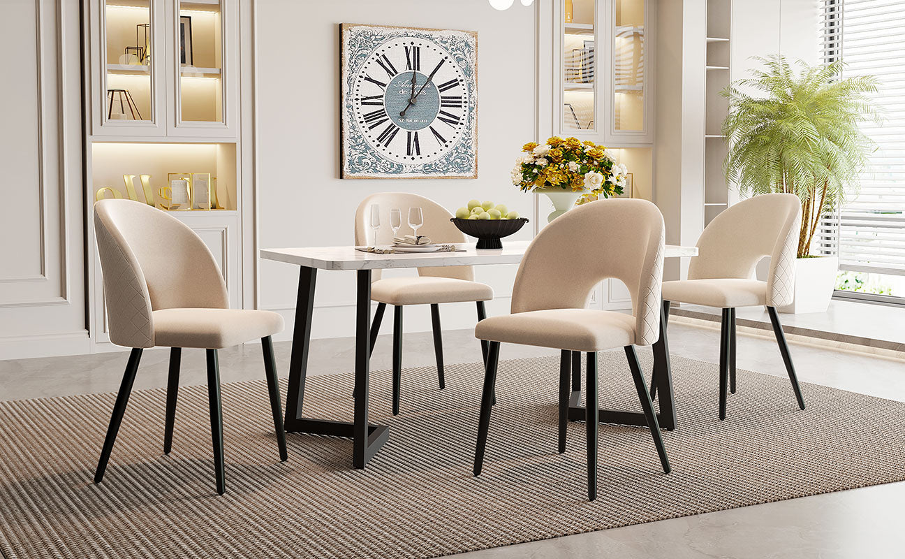 Dining Set 117x68cm Rectangular Table 4 Chairs Velvet Diamond Pattern Beige/Black