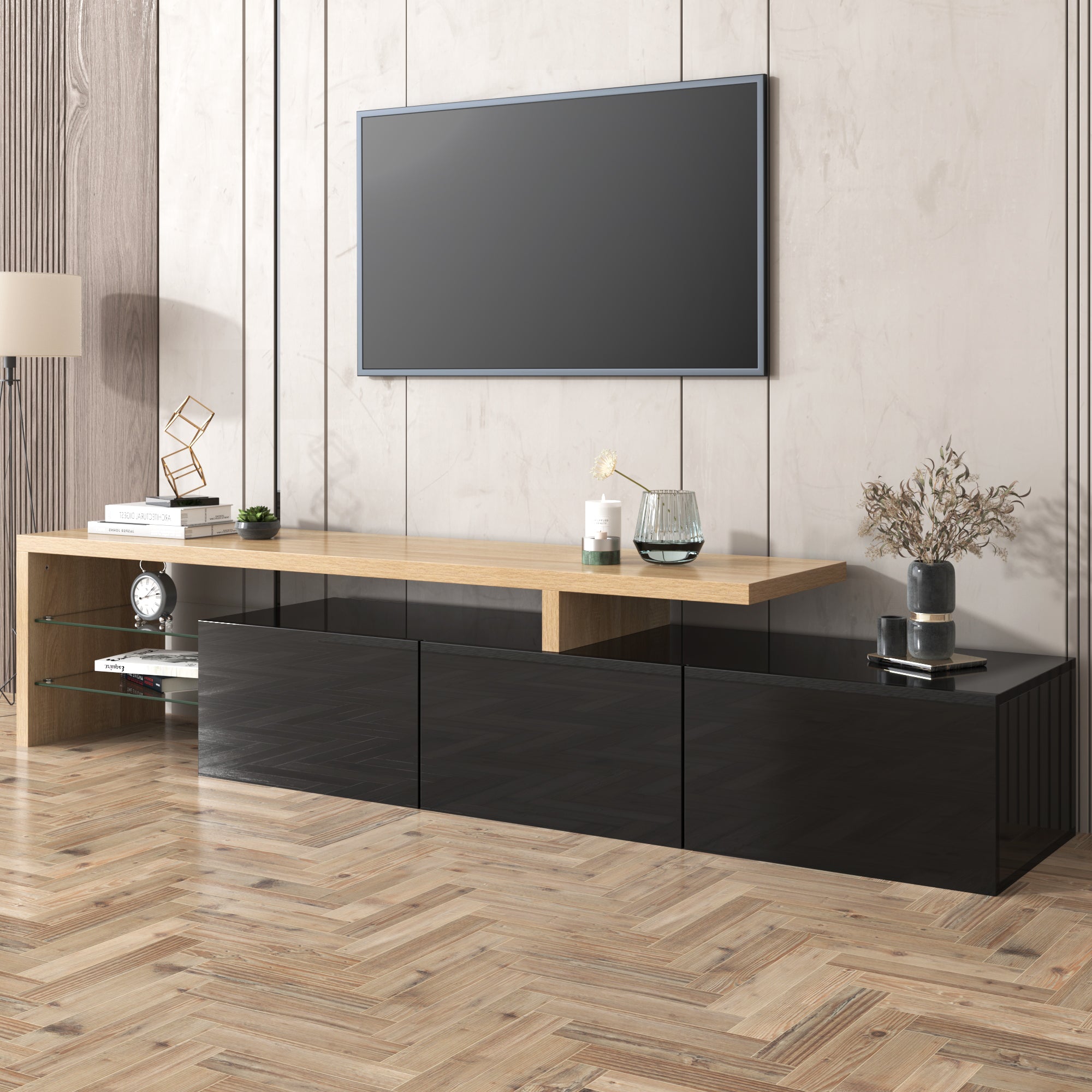 TV Cabinet, Modern Design with Storage, Glass Shelves, High-Gloss Black Wood