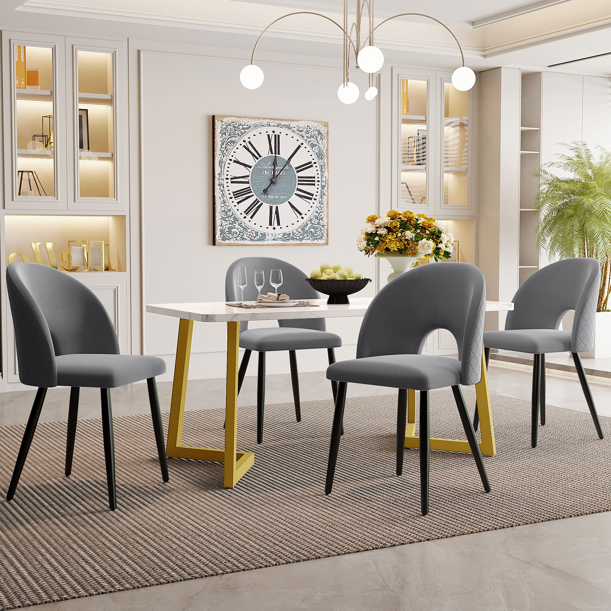 Dining Set, 117x68cm Table with 4 Chairs, Gray Velvet, Golden Legs