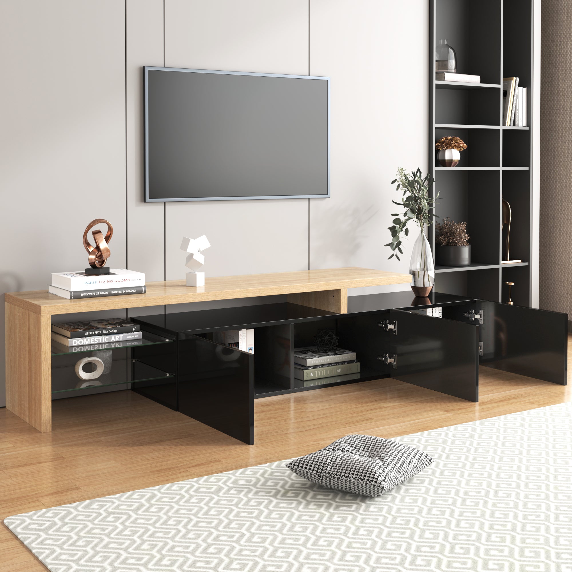 TV Cabinet, Modern Design with Storage, Glass Shelves, High-Gloss Black Wood