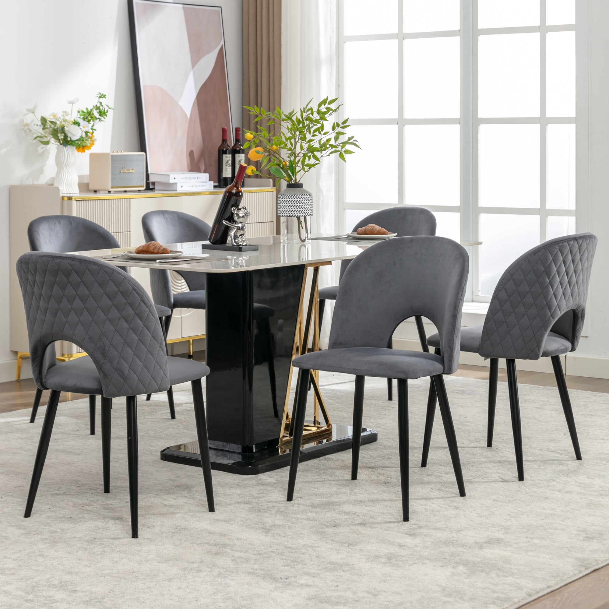 Dining Chair Set (6), Upholstered Velvet Seat, Metal Frame, Gray