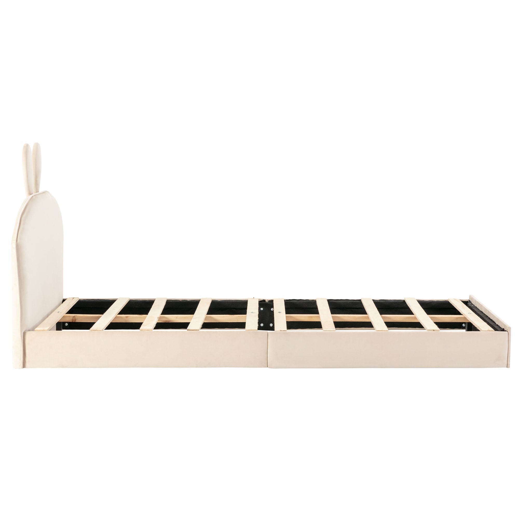 Rabbit Headboard Upholstered Bed, Wooden Slats Single, Velvet Beige
