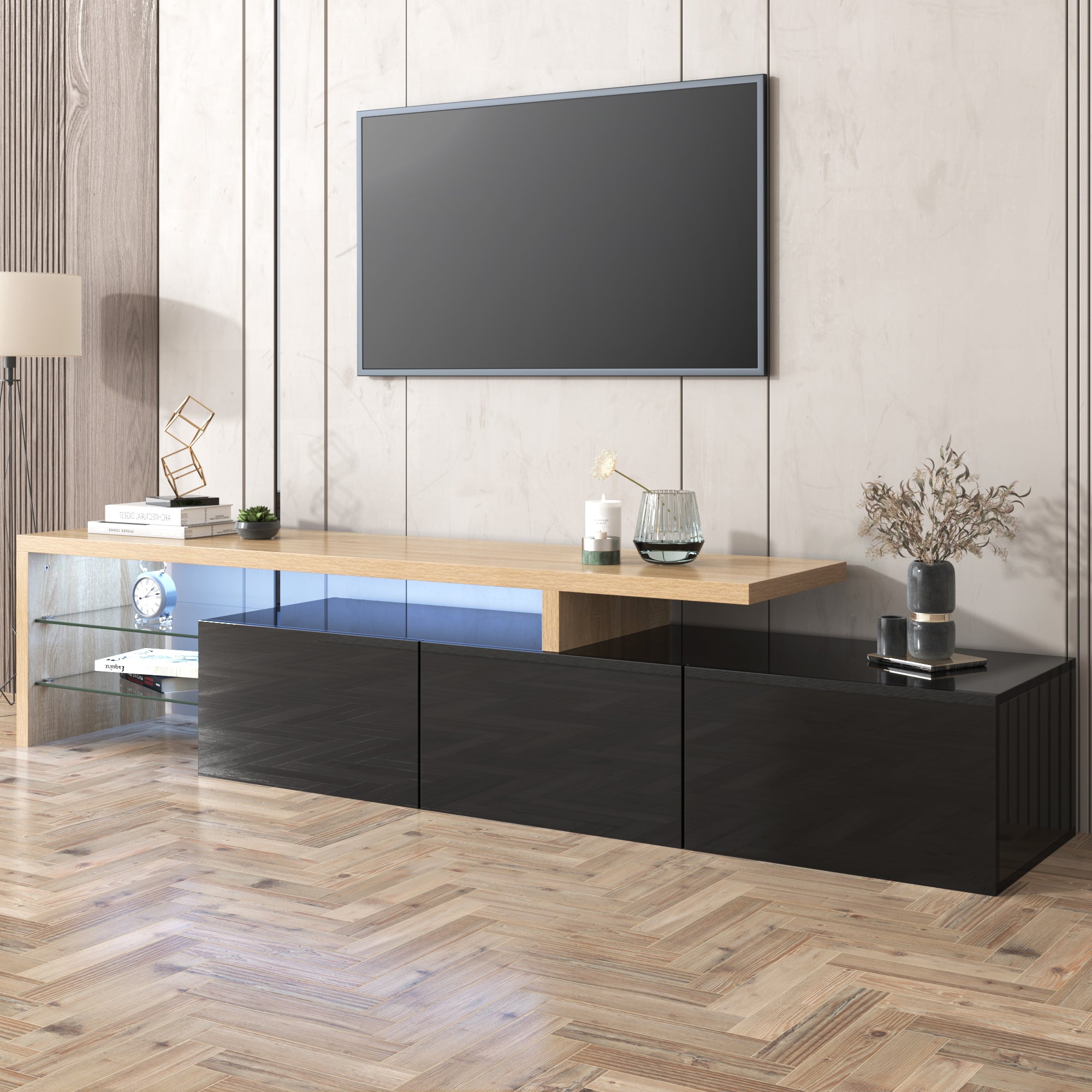 TV Cabinet, Modern Design with Storage, Glass Shelves, High-Gloss Black Wood