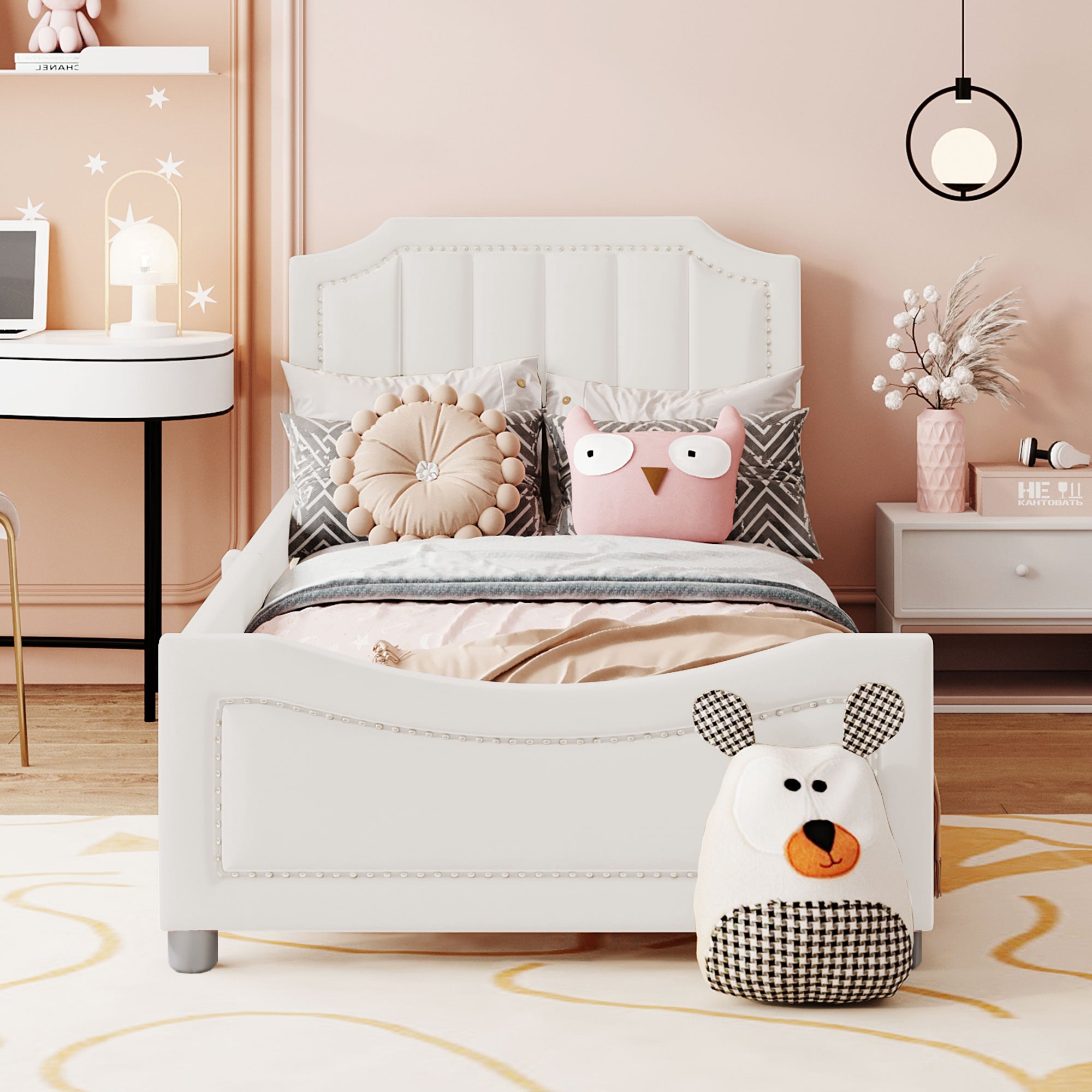 Children's Bed Upholstered Sofa Bed 90*200cm, Flannel, Beige