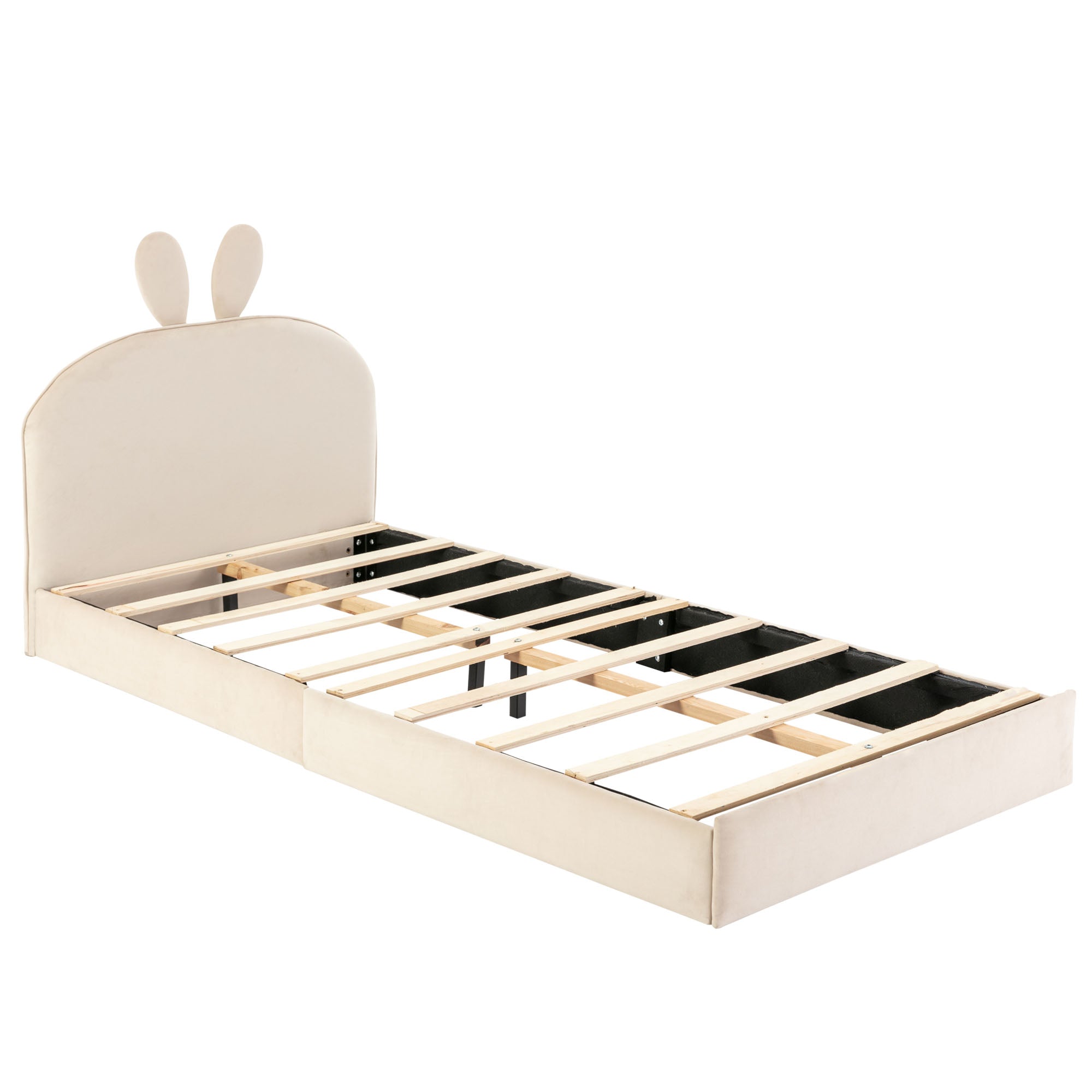 Rabbit Headboard Upholstered Bed, Wooden Slats Single, Velvet Beige