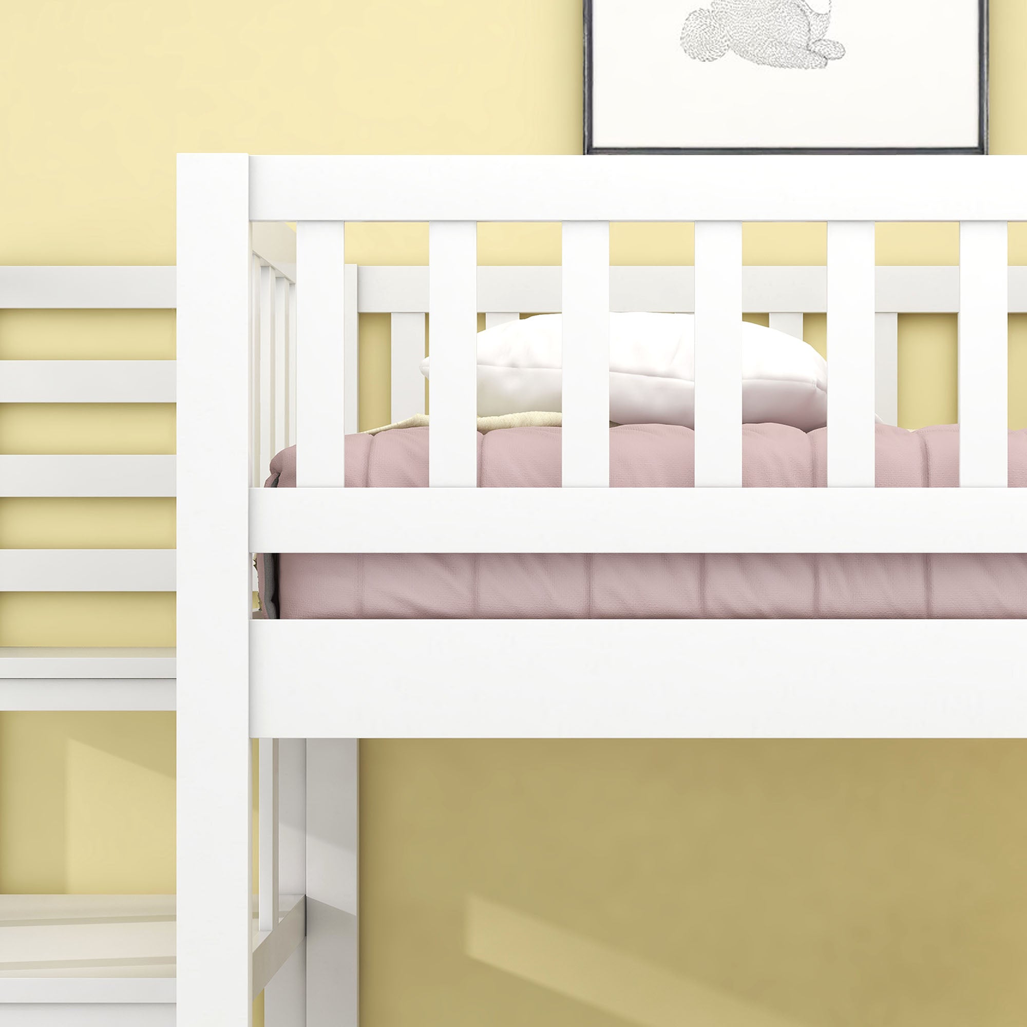 Bunk Bed, Space-Saving with Stairs, Adjustable Table, Wooden Sofa, Pine Wood, White