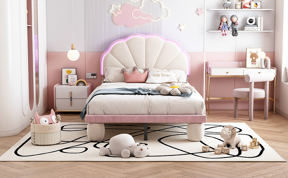 Upholstered Single Bed LED Lights Wave Headboard 90x200cm, Velvet Beige+Pink