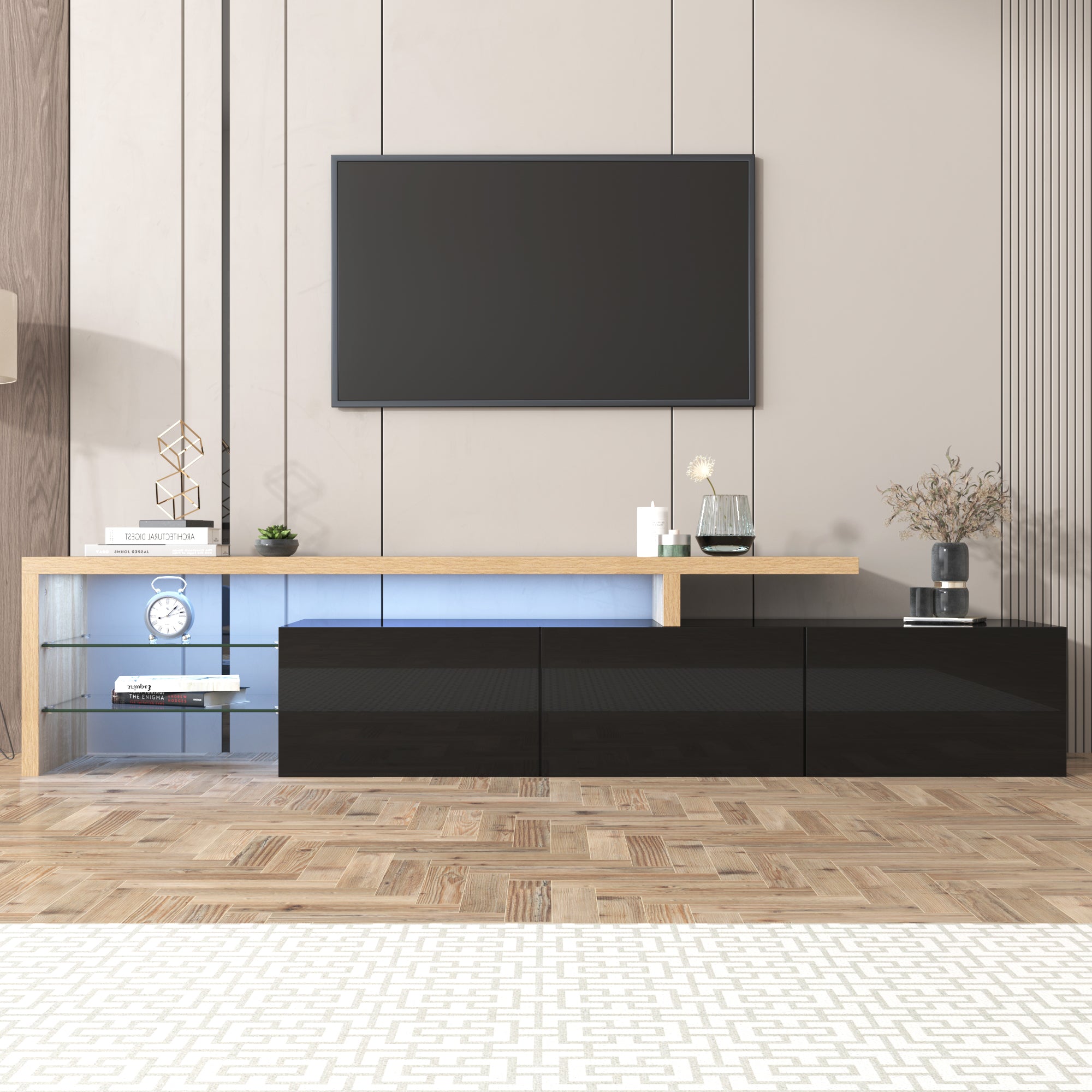 TV Cabinet, Modern Design with Storage, Glass Shelves, High-Gloss Black Wood