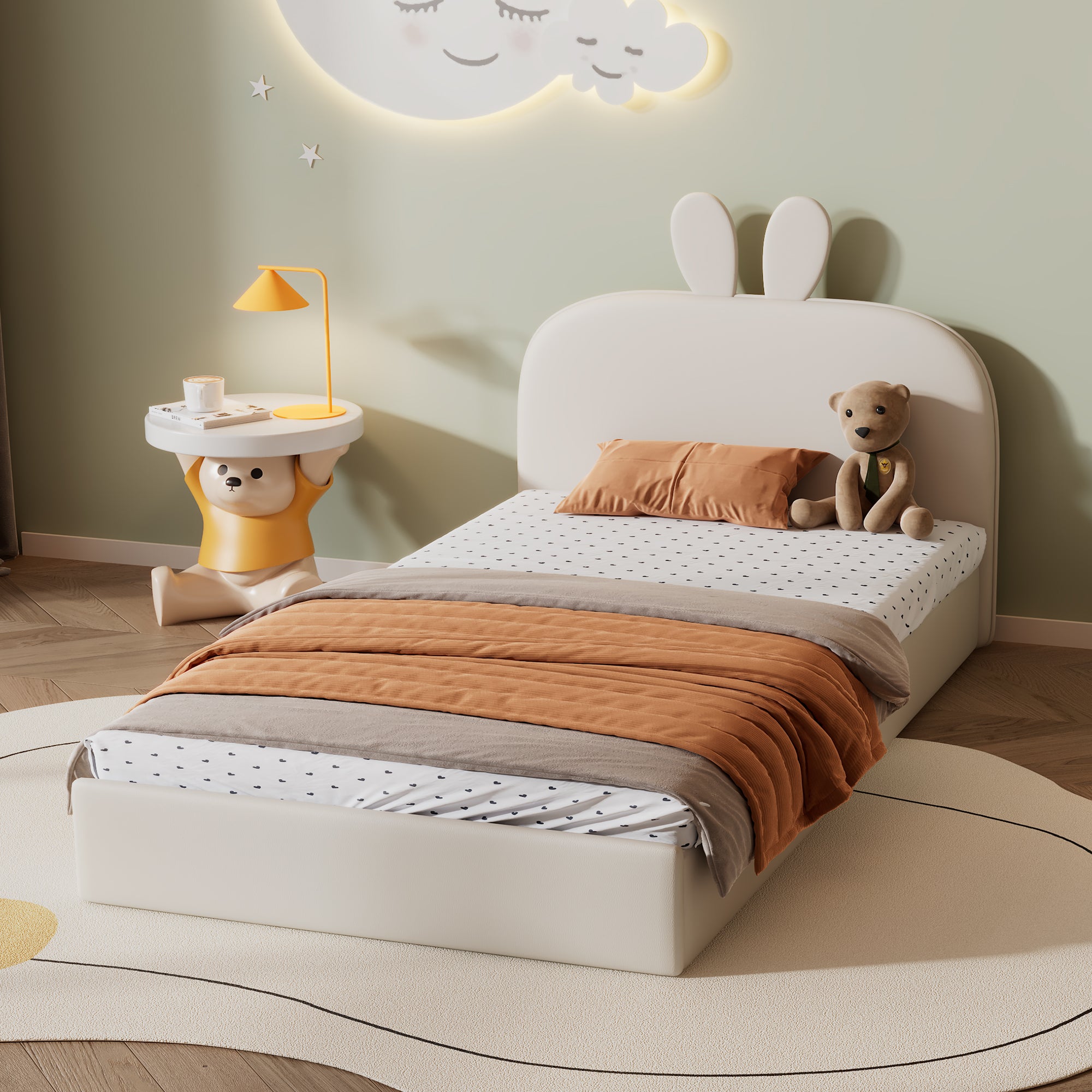 Rabbit Headboard Upholstered Bed, Wooden Slats Single, Velvet Beige
