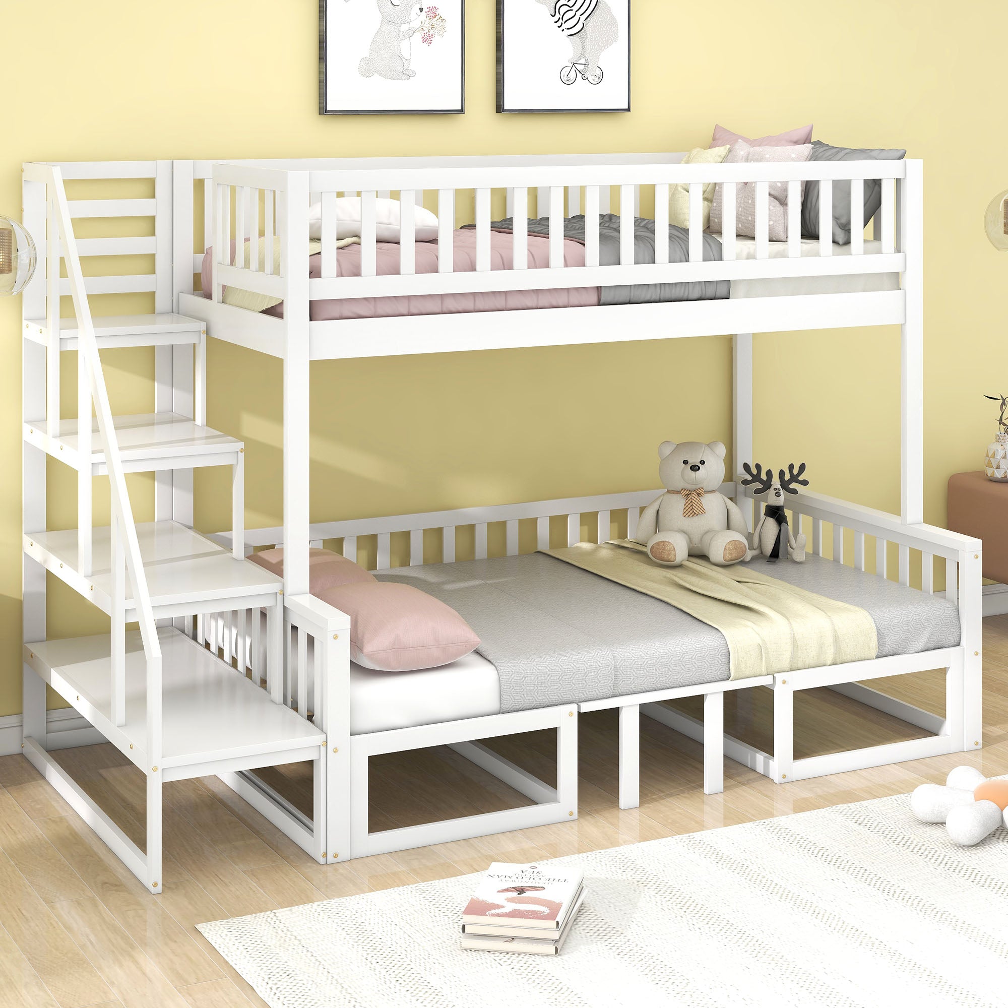 Bunk Bed, Space-Saving with Stairs, Adjustable Table, Wooden Sofa, Pine Wood, White