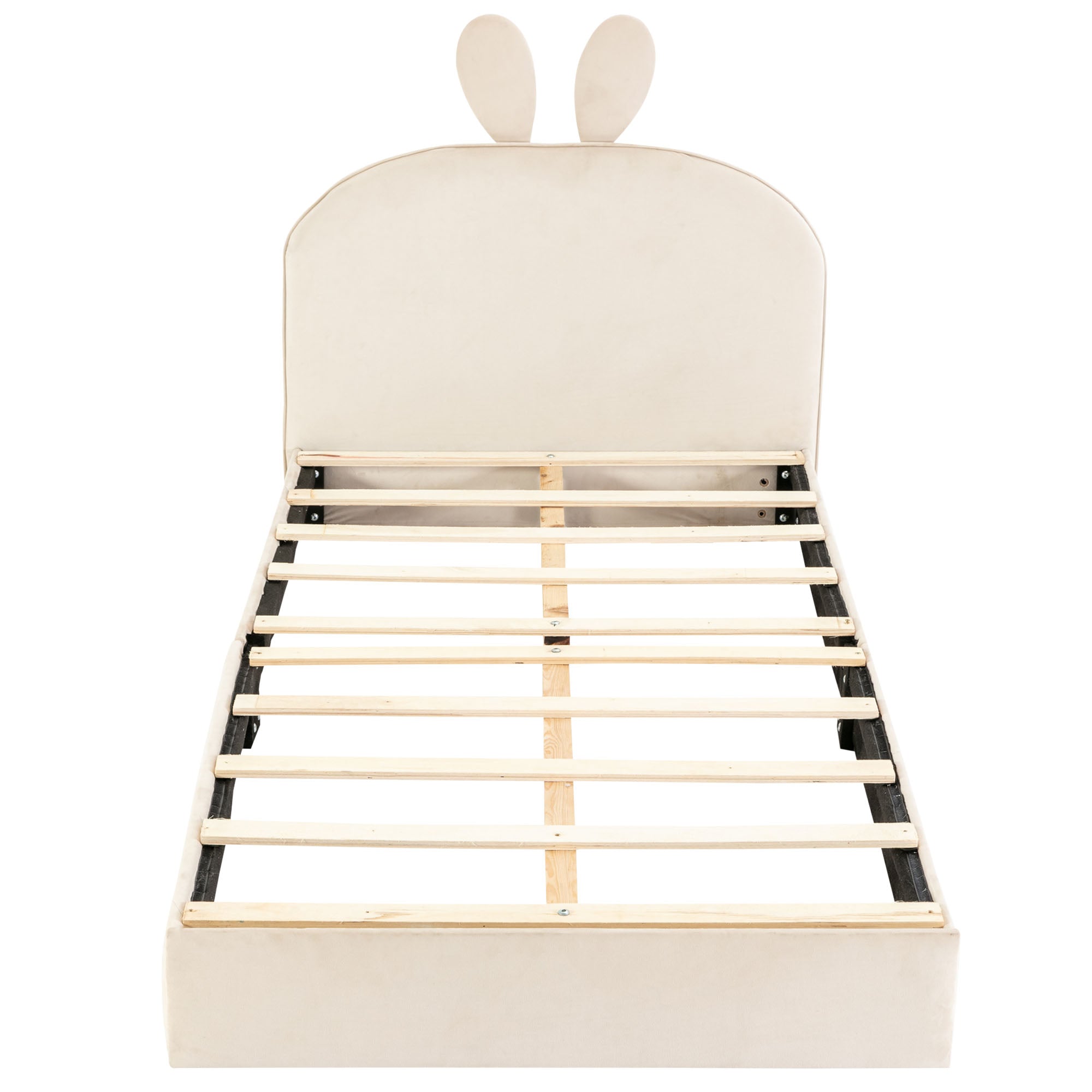 Rabbit Headboard Upholstered Bed, Wooden Slats Single, Velvet Beige