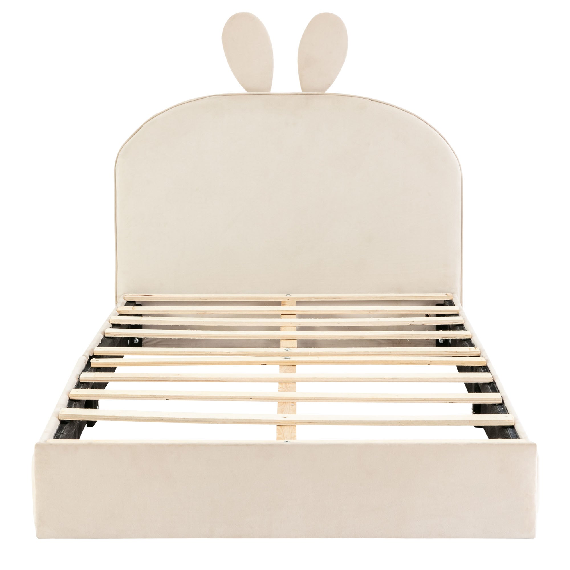Rabbit Headboard Upholstered Bed, Wooden Slats Single, Velvet Beige